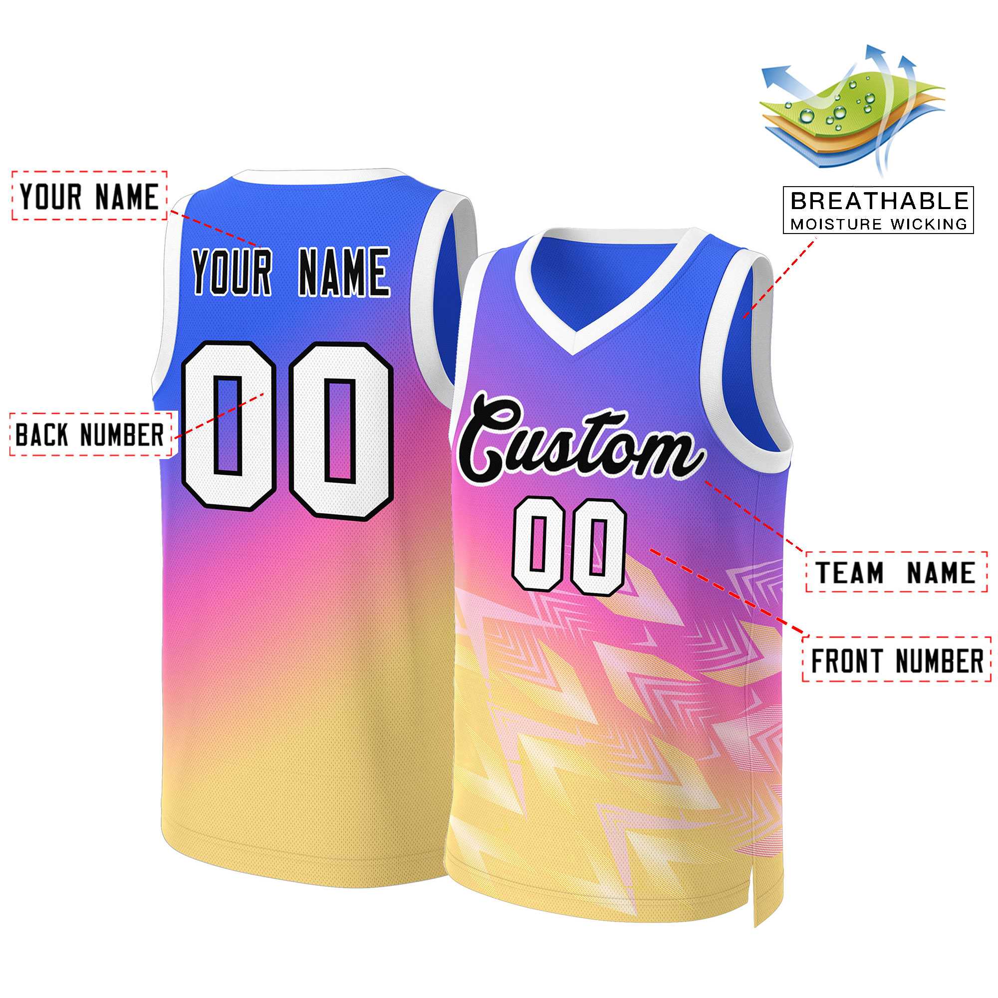 Custom Purple Yellow-Black Gradient Fashion Tops Slash Basketball Jersey - Image 2