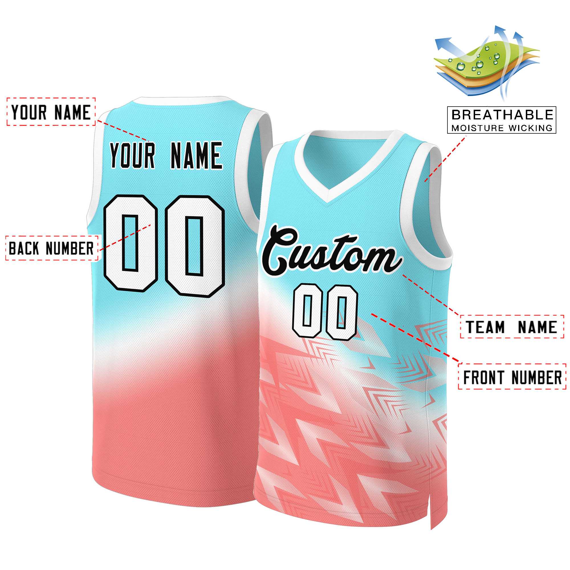Custom Aqua Red-Black Gradient Fashion Tops Slash Basketball Jersey - Image 2
