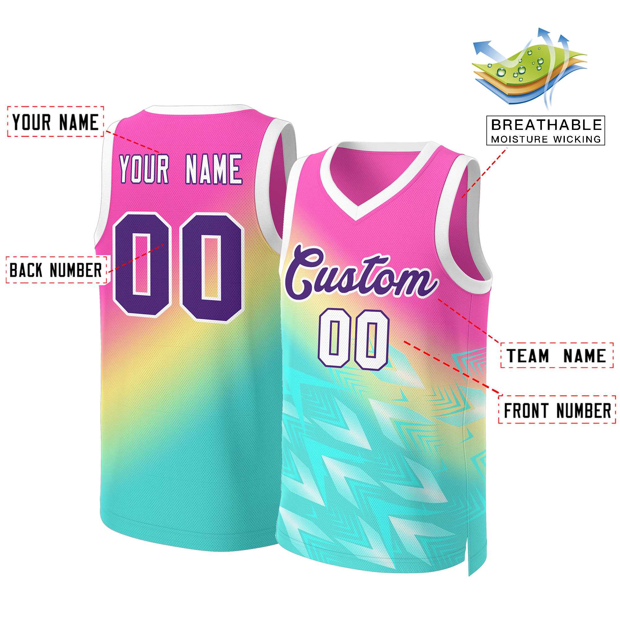 Custom Red Green-Purple Gradient Fashion Tops Slash Basketball Jersey - Image 2