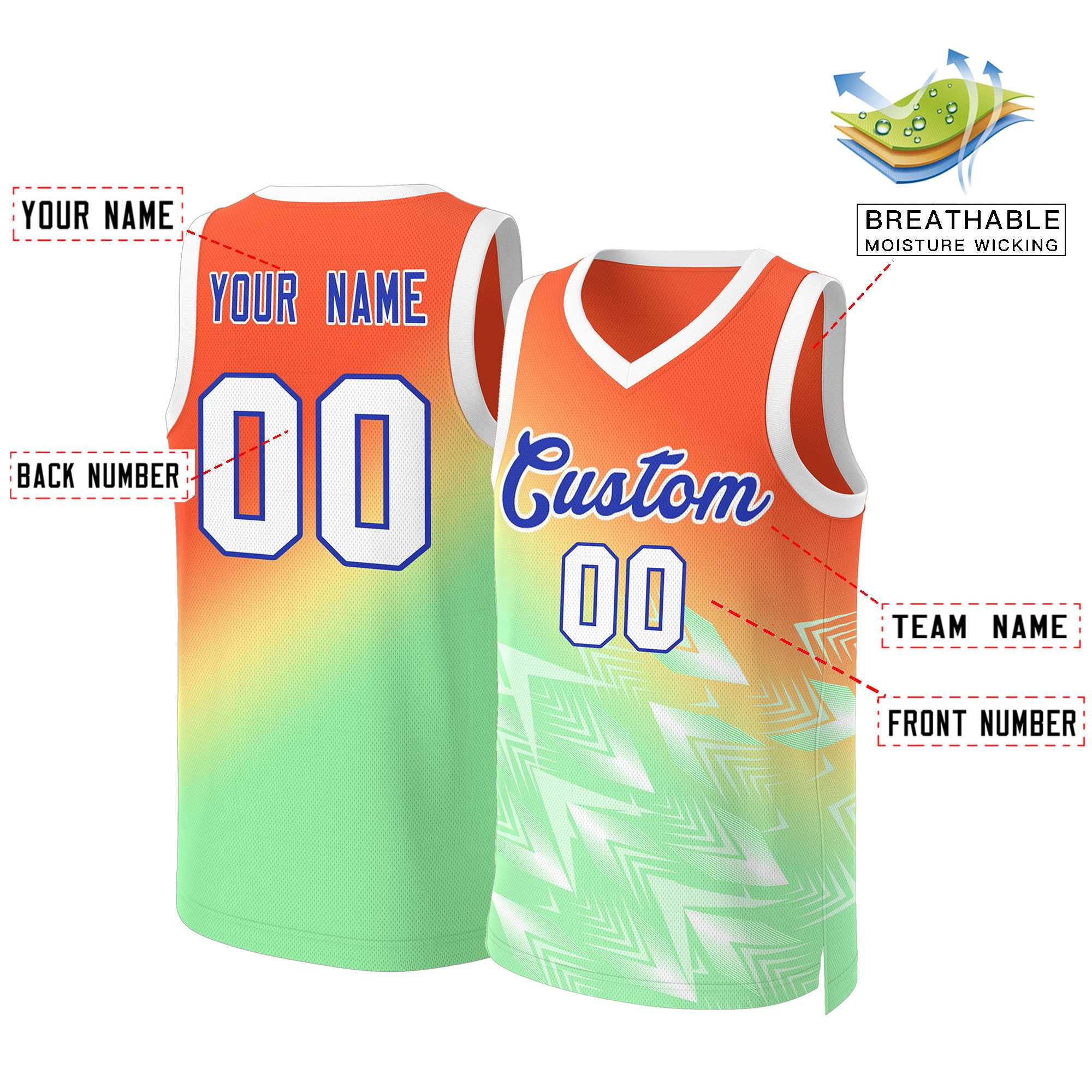 Custom Orange Green-Royal Gradient Fashion Tops Slash Basketball Jersey - Image 2