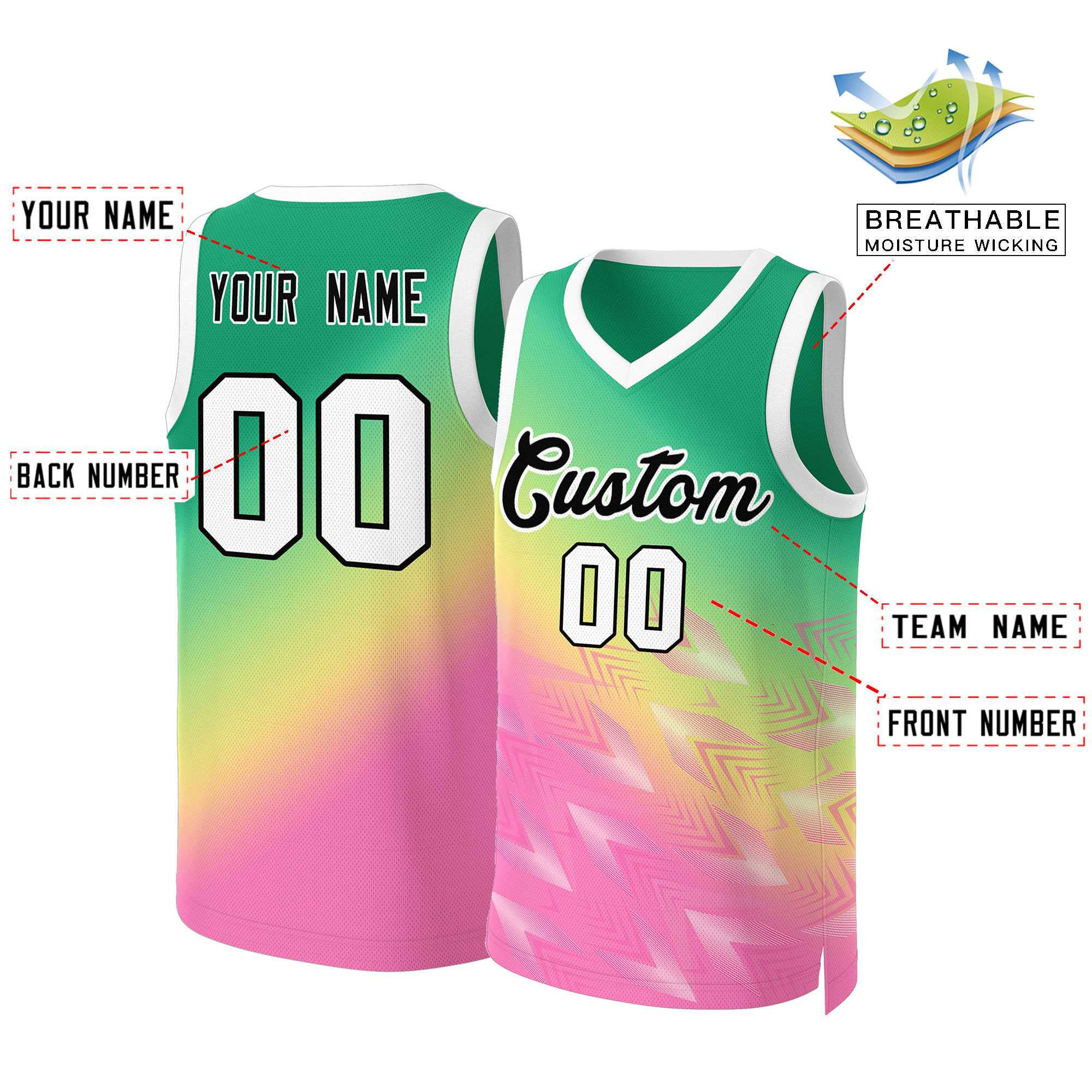 Custom Kelly Green Pink-Black Gradient Fashion Tops Slash Basketball Jersey - Image 2