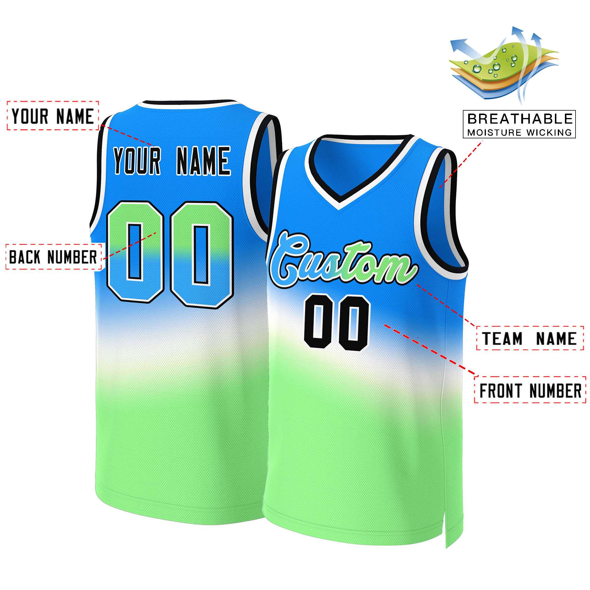 Custom Blue Green-Blue Gradient Fashion Tops Slash Basketball Jersey - Image 2