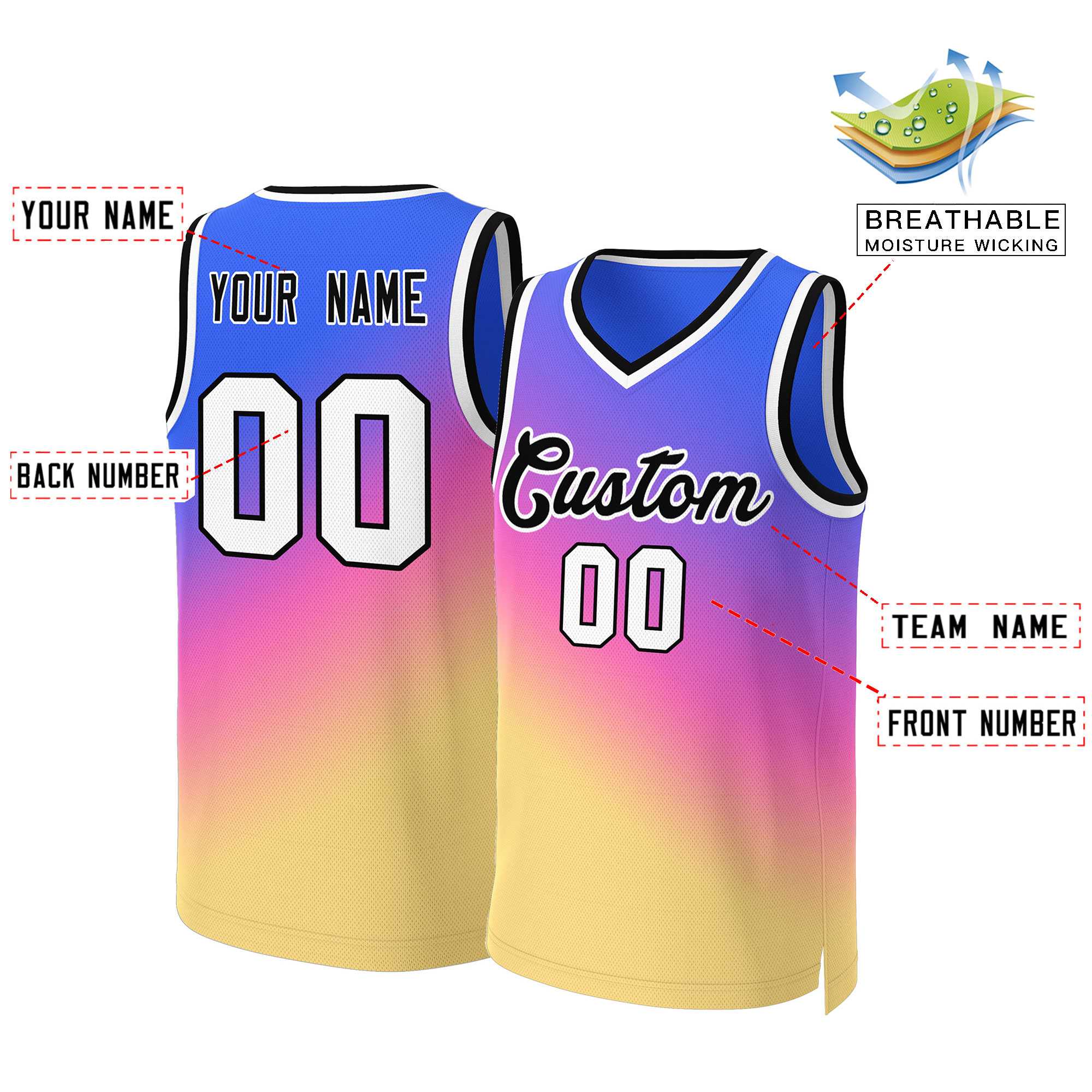 Custom Purple Yellow-Black Gradient Fashion Tops Slash Basketball Jersey - Image 2