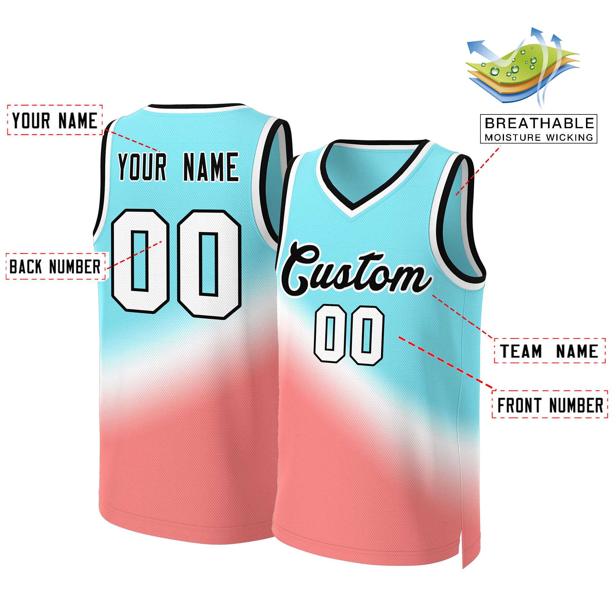 Custom Aqua Red-Black Gradient Fashion Tops Slash Basketball Jersey - Image 2