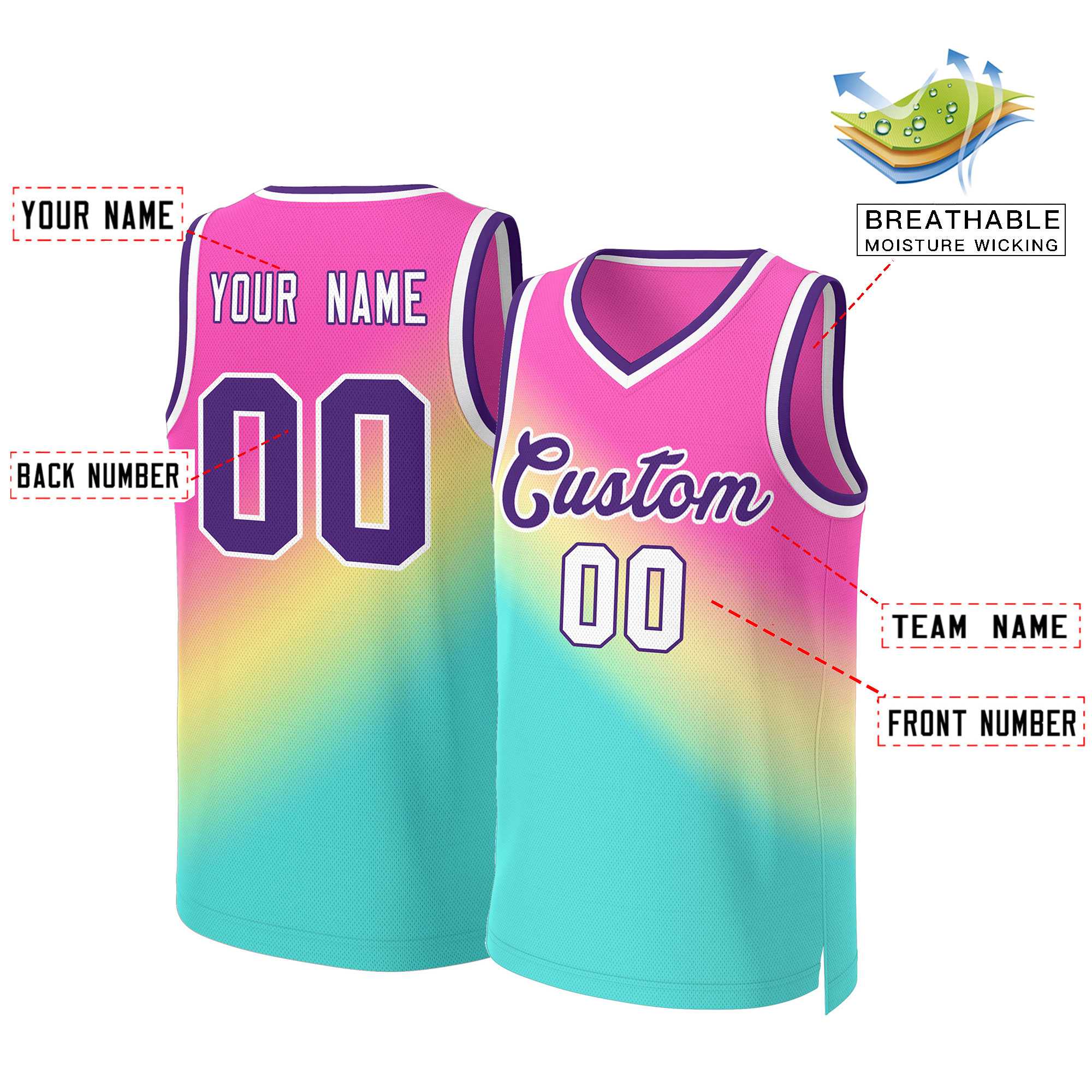 Custom Red Green-Purple Gradient Fashion Tops Slash Basketball Jersey - Image 2