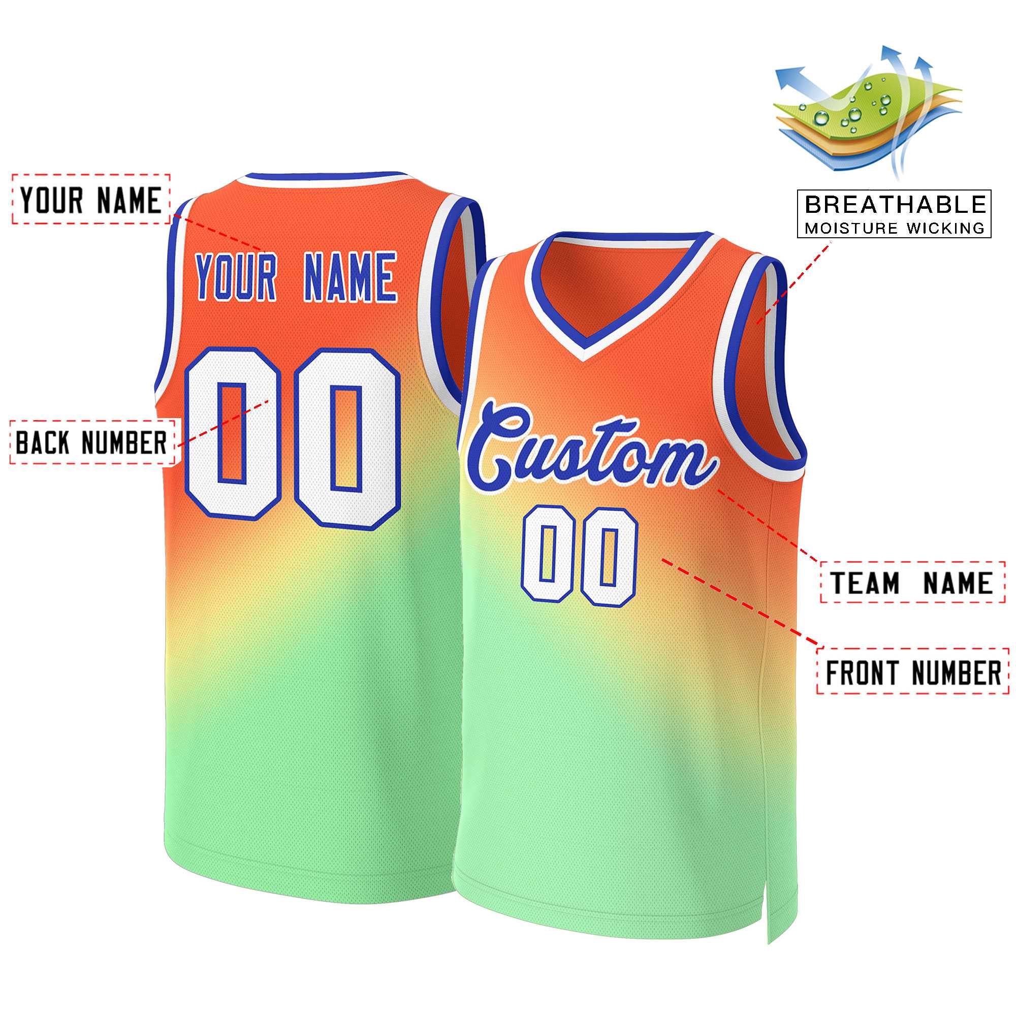 Custom Orange Green-Royal Gradient Fashion Tops Slash Basketball Jersey - Image 2