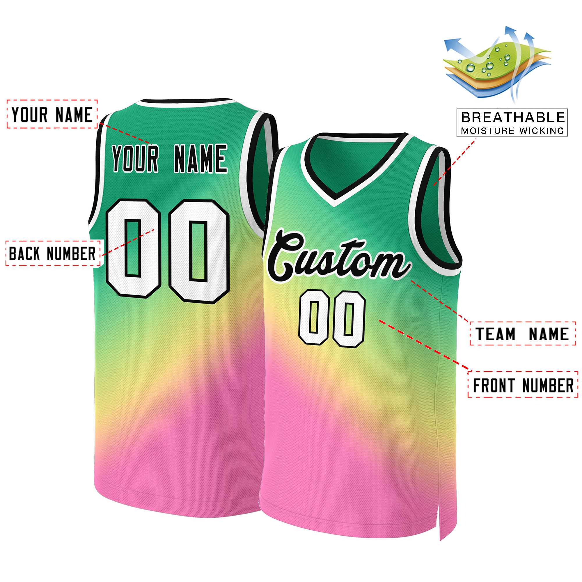 Custom Kelly Green Pink-Black Gradient Fashion Tops Slash Basketball Jersey - Image 2