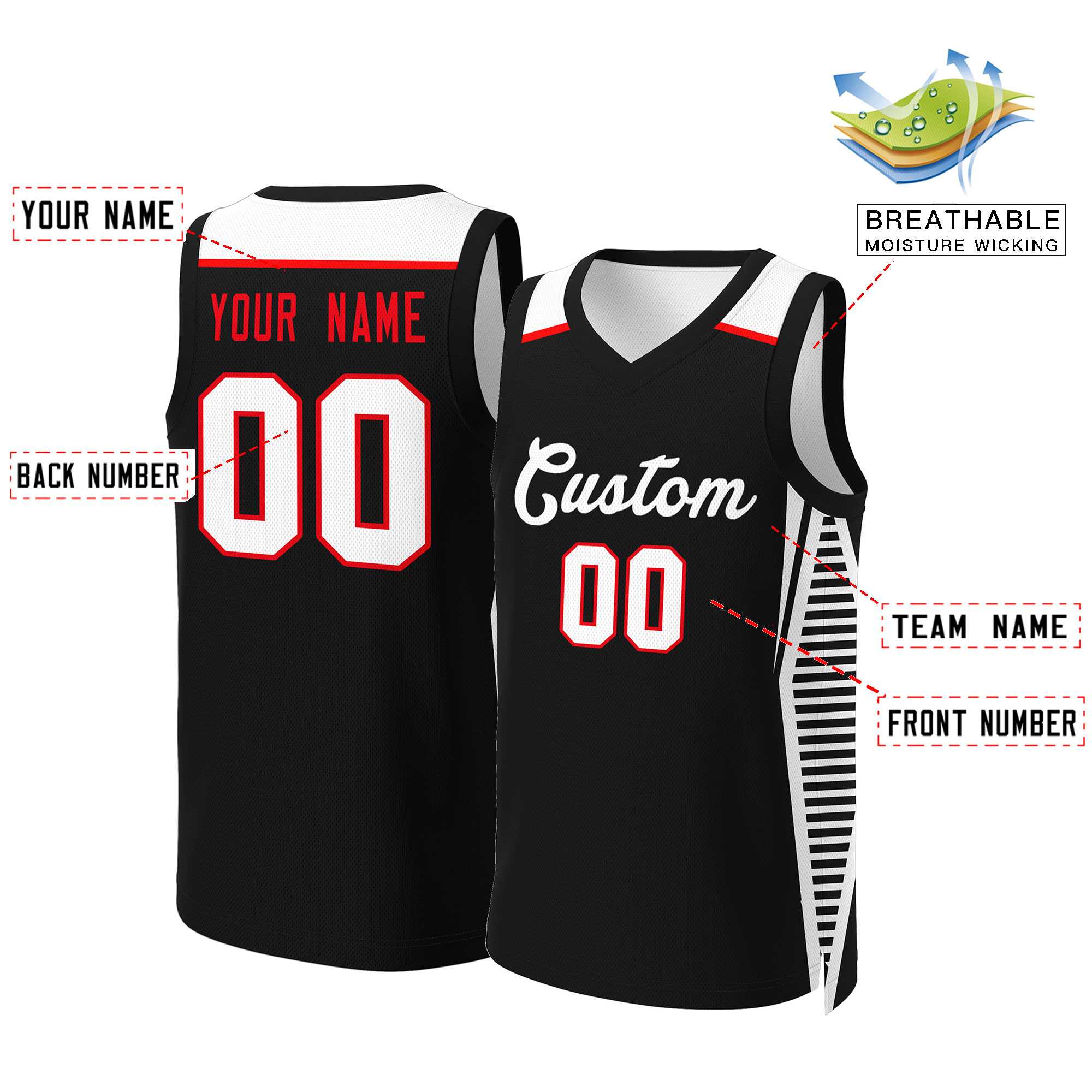 Custom Black White Classic Tops Mesh Basketball Jersey - Image 2