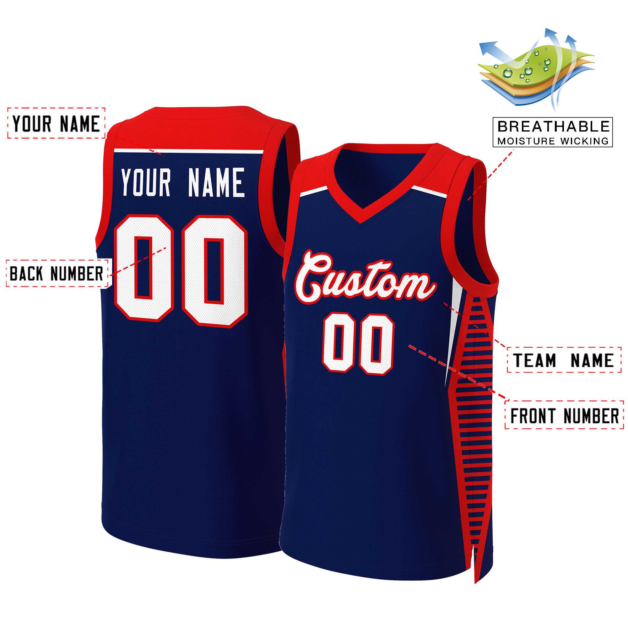 Custom Navy White-Red Classic Tops Mesh Basketball Jersey - Image 2