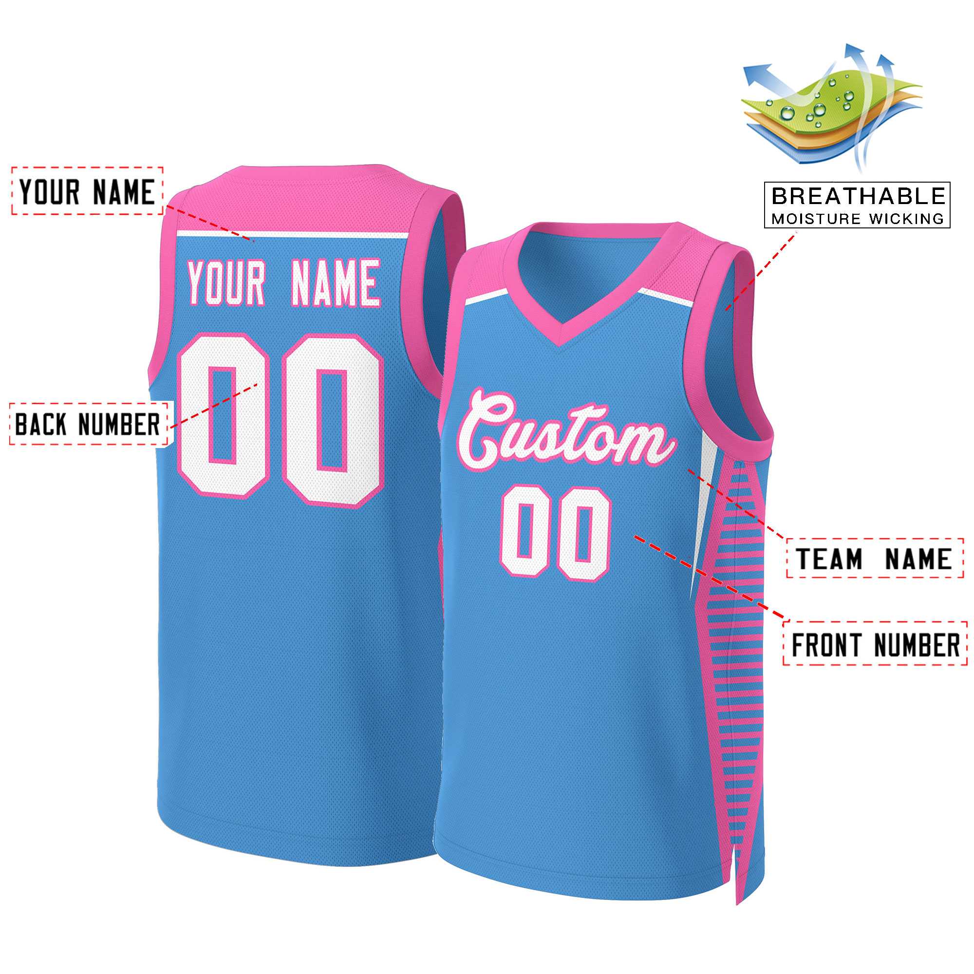 Custom Powder Blue White-Pink Classic Tops Mesh Basketball Jersey - Image 2