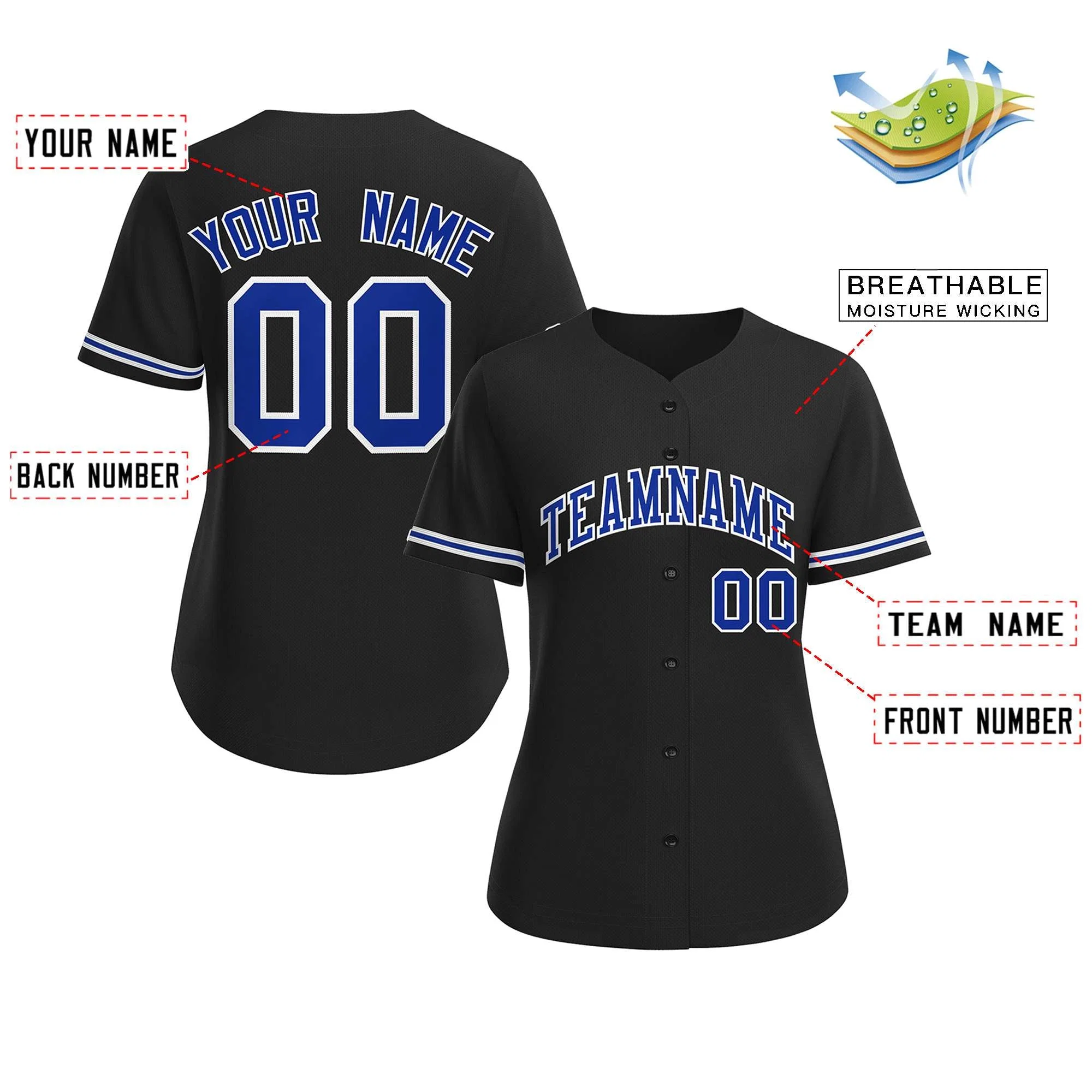 Custom Black Royal-White Classic Style Baseball Jersey For Women - Image 2