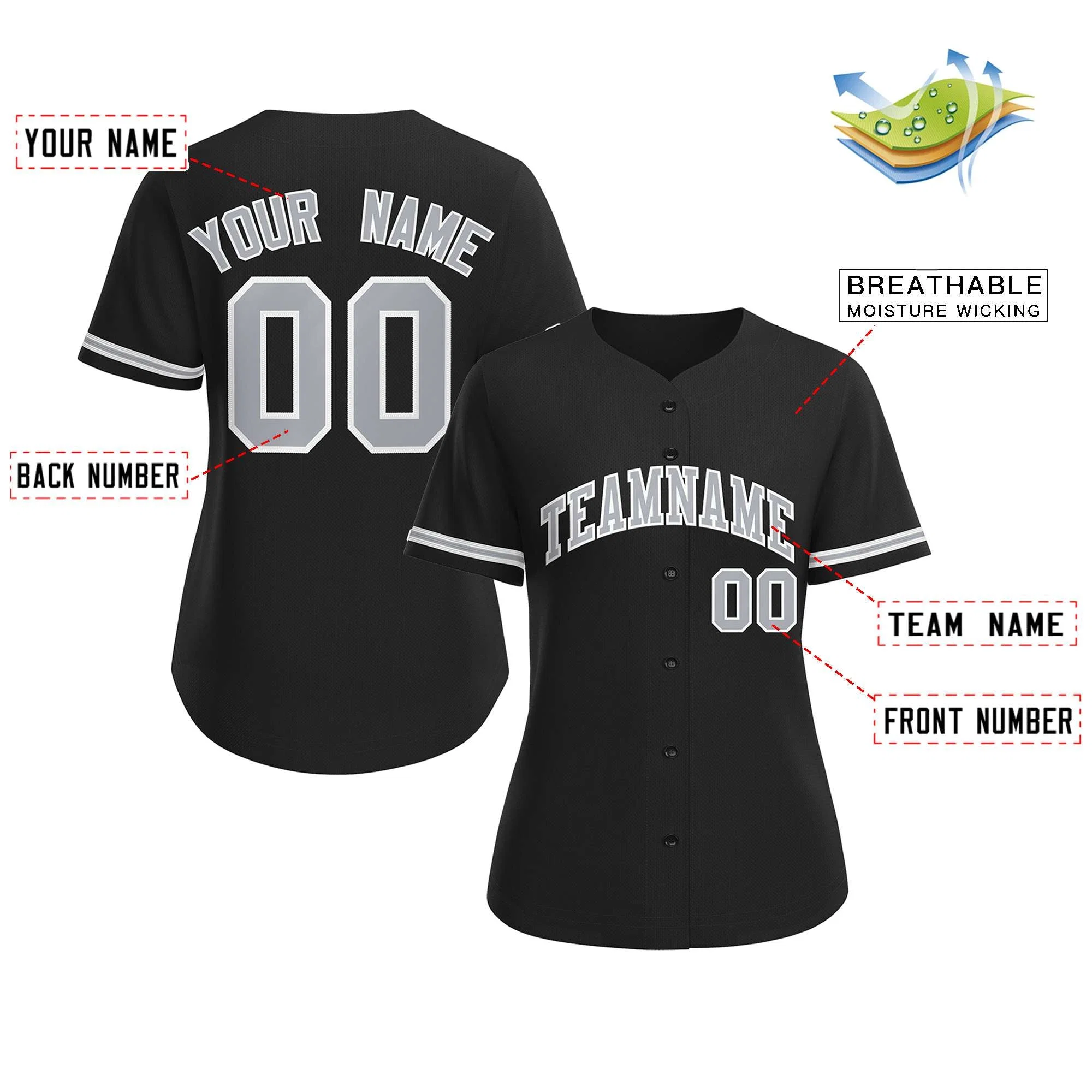 Custom Black Gray-White Classic Style Baseball Jersey For Women - Image 2