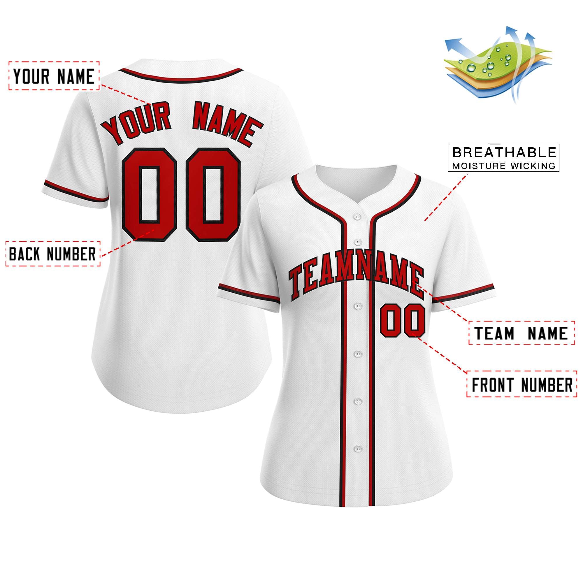 Custom White Red-Black Classic Style Baseball Jersey For Women - Image 2