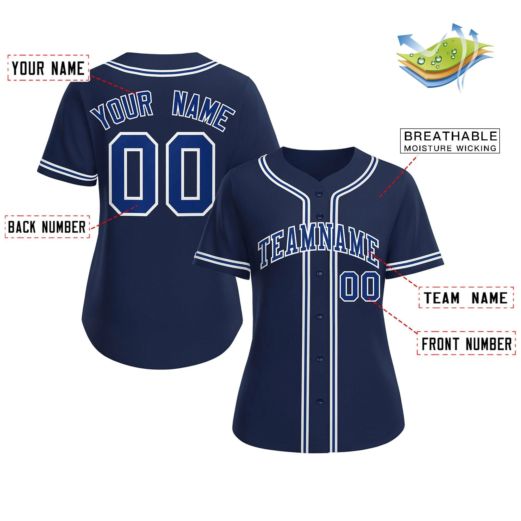 Custom Navy Royal-White Classic Style Baseball Jersey For Women - Image 2