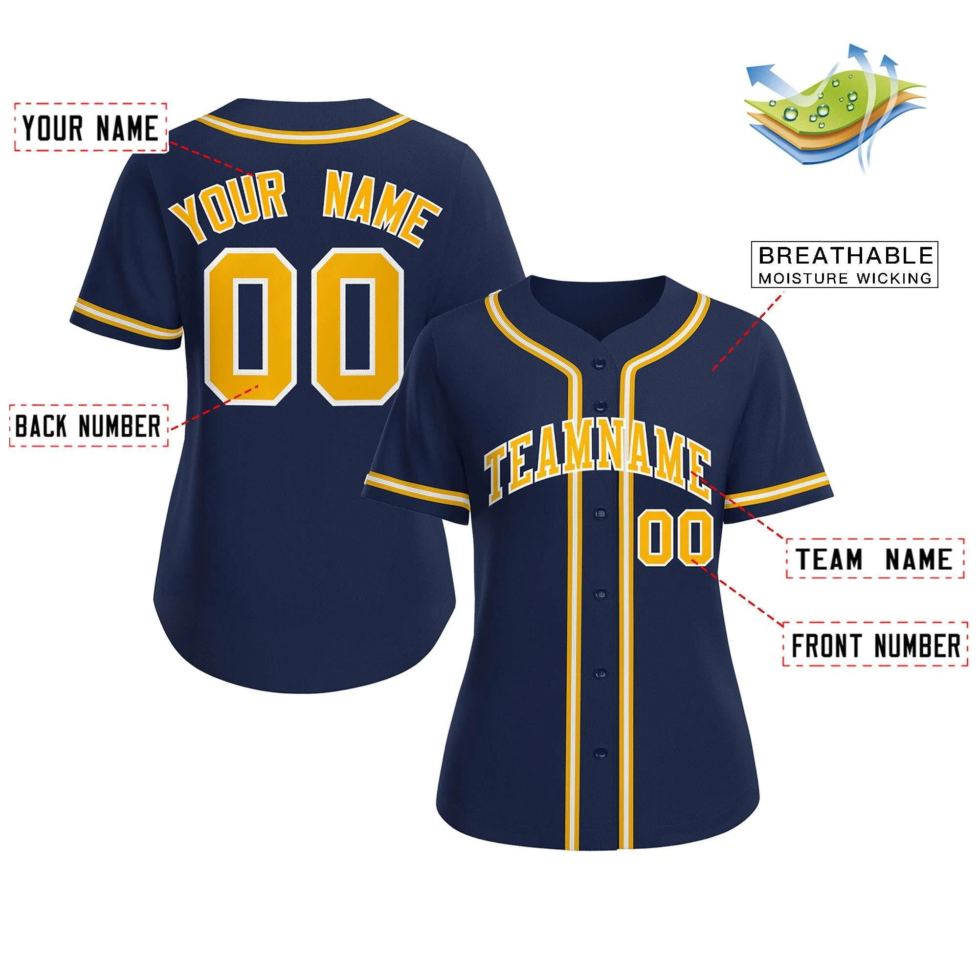 Custom Navy Yellow-White Classic Style Baseball Jersey For Women - Image 2