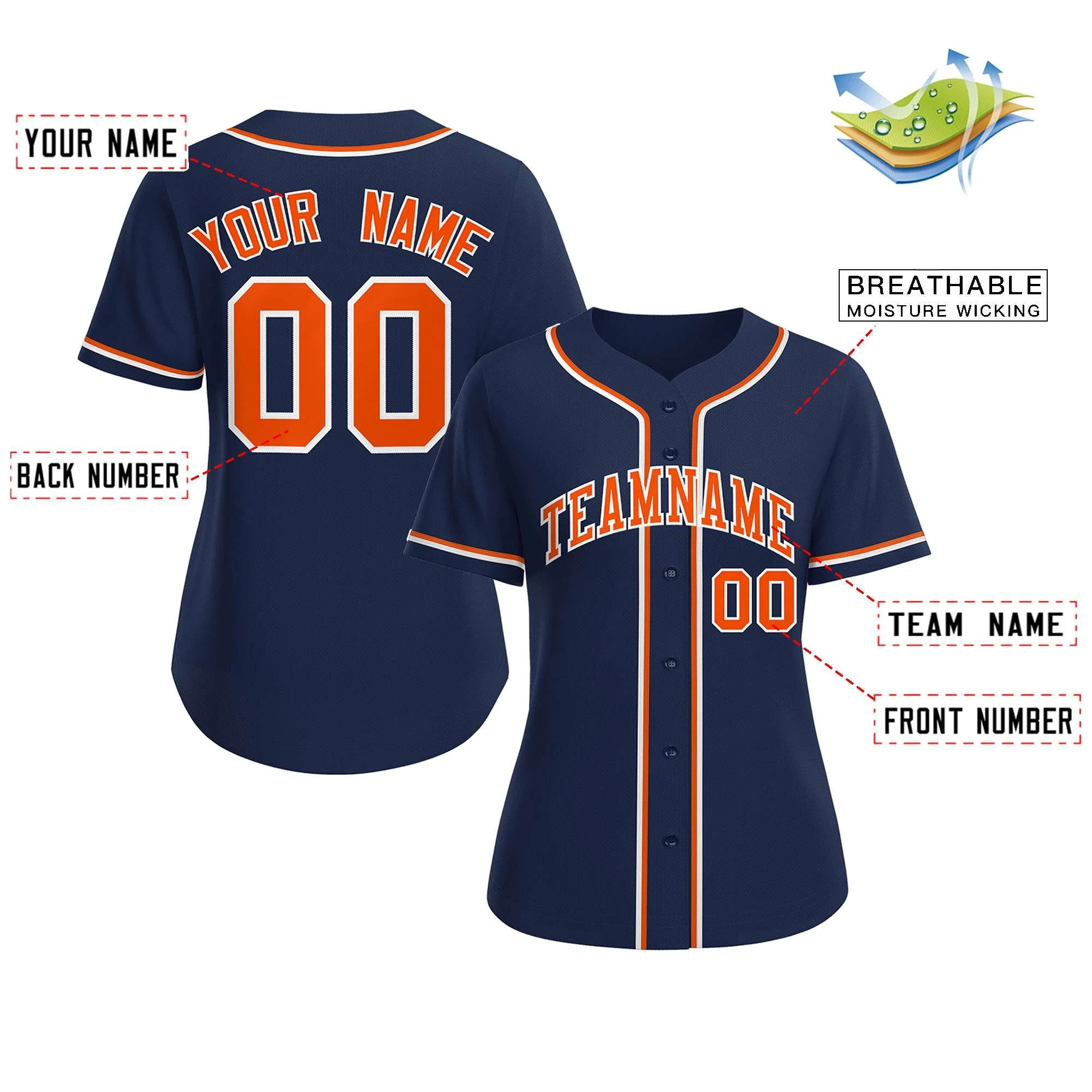Custom Navy Orange-White Classic Style Baseball Jersey For Women - Image 2