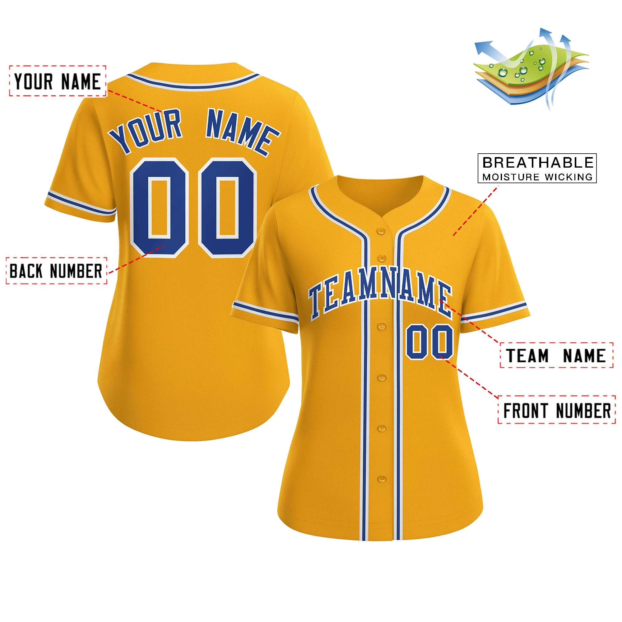 Custom Gold Royal-White Classic Style Baseball Jersey For Women - Image 2