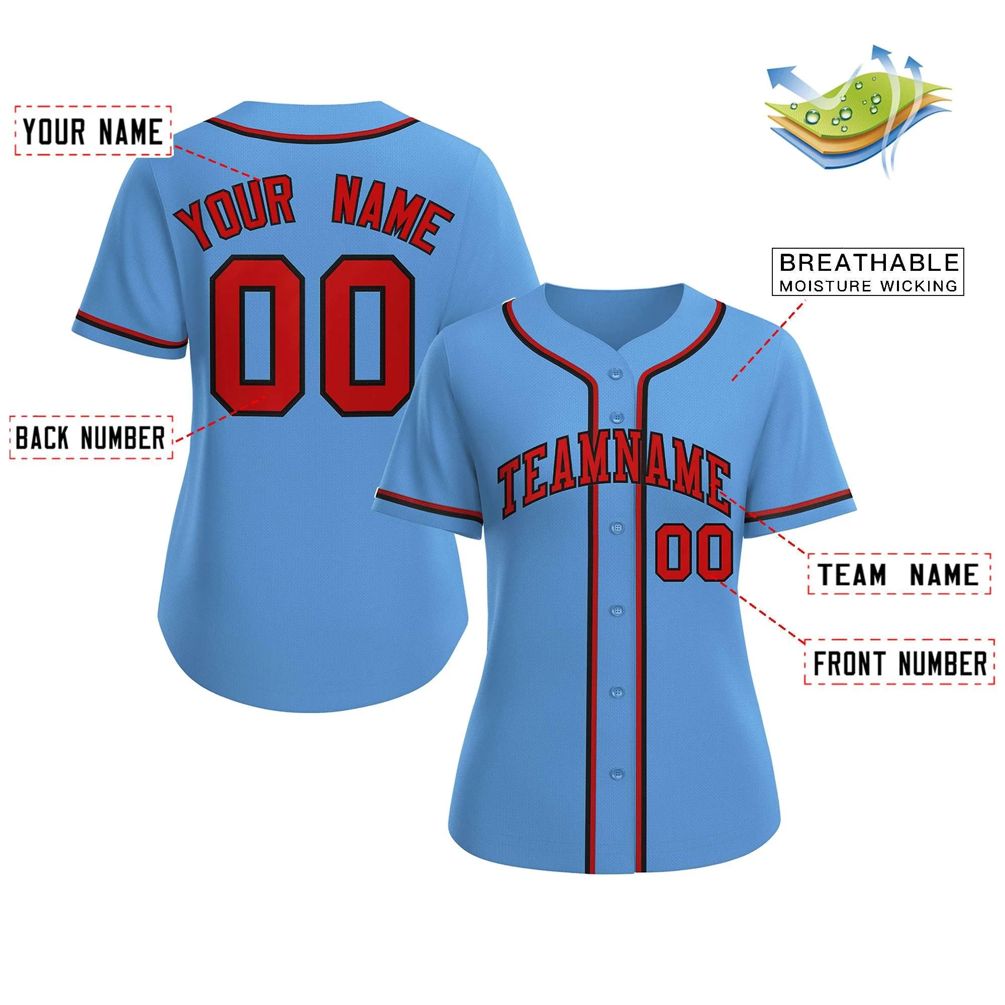 Custom Light Blue Red-Black Classic Style Baseball Jersey For Women - Image 2