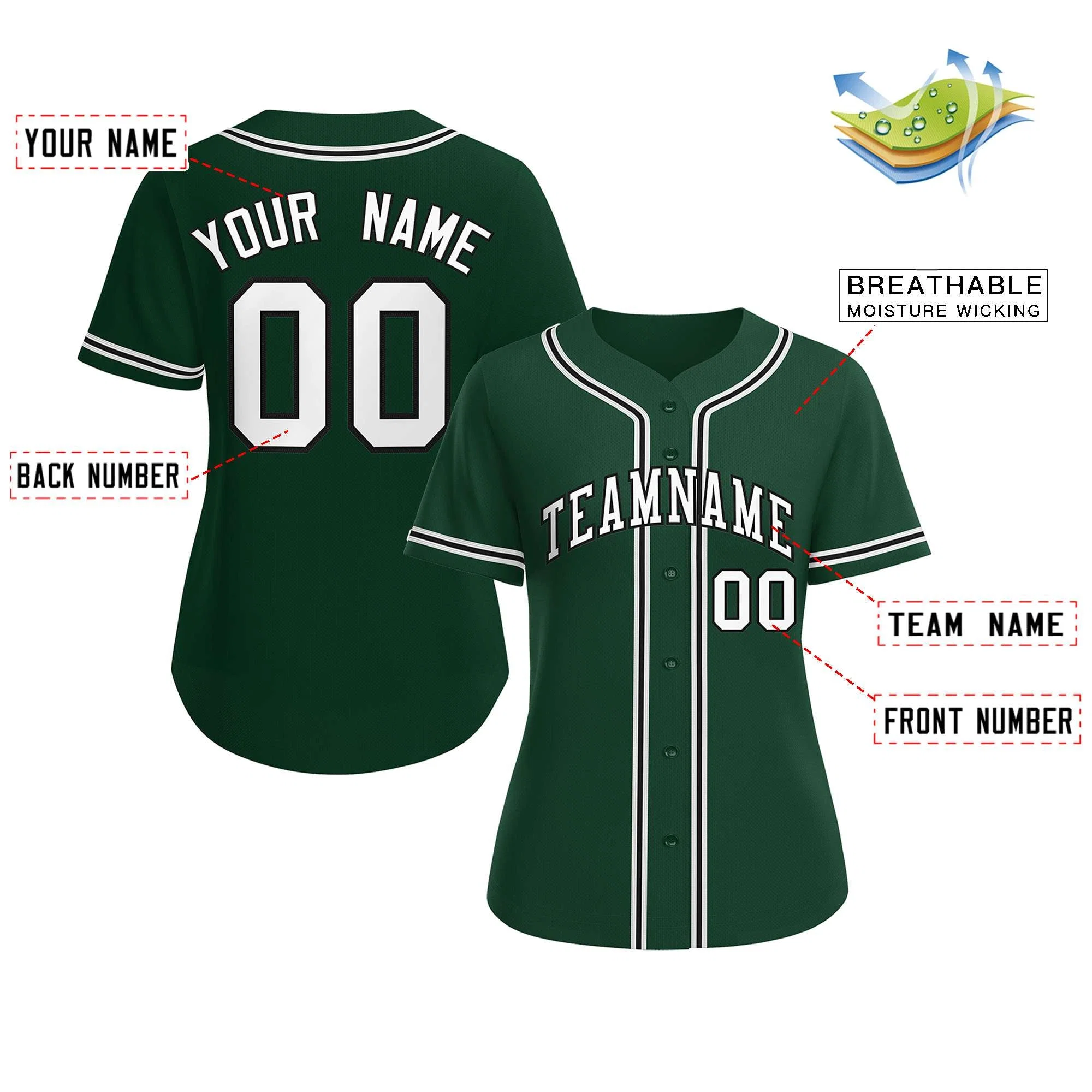 Custom Green White-Black Classic Style Baseball Jersey For Women - Image 2