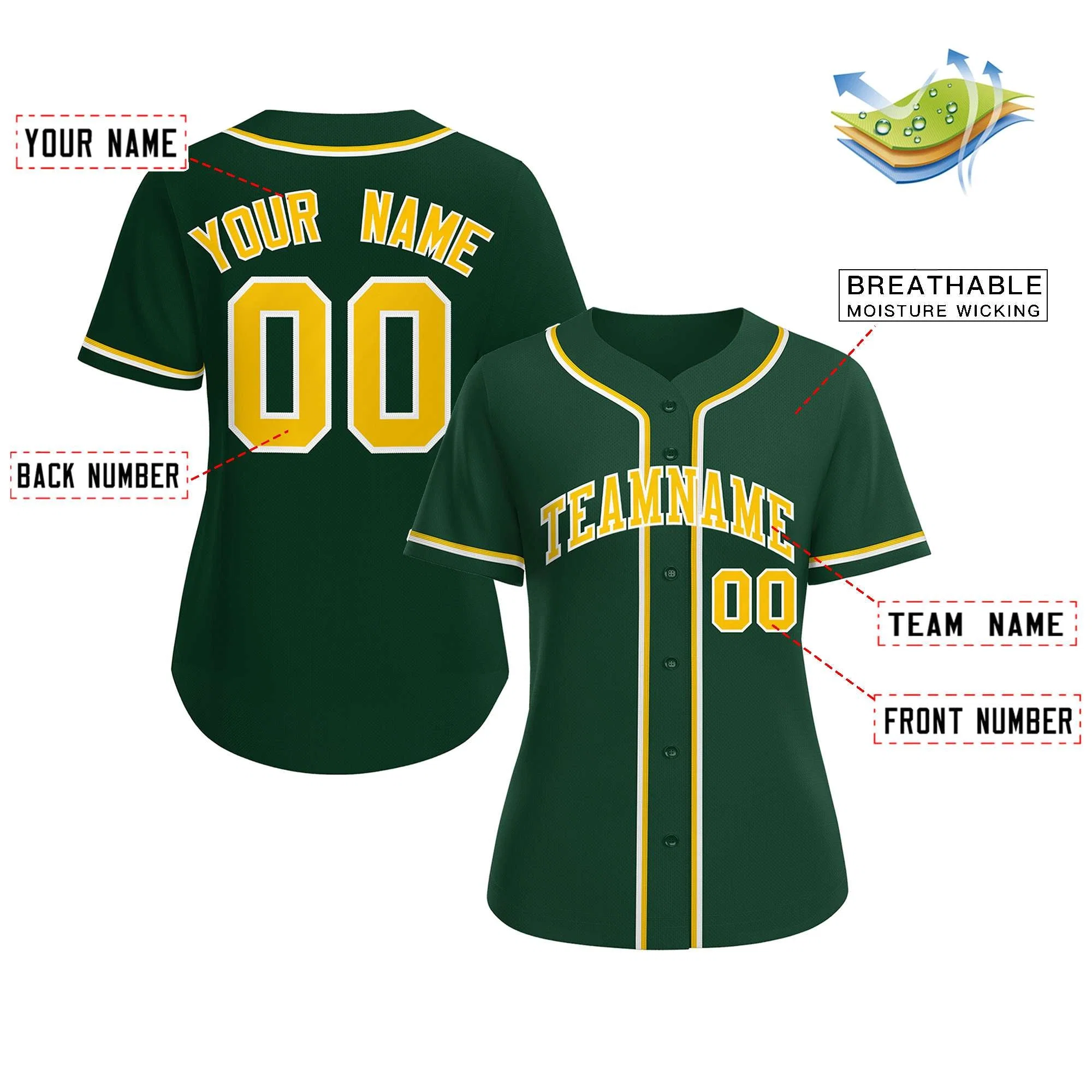 Custom Green Gold-White Classic Style Baseball Jersey For Women - Image 2