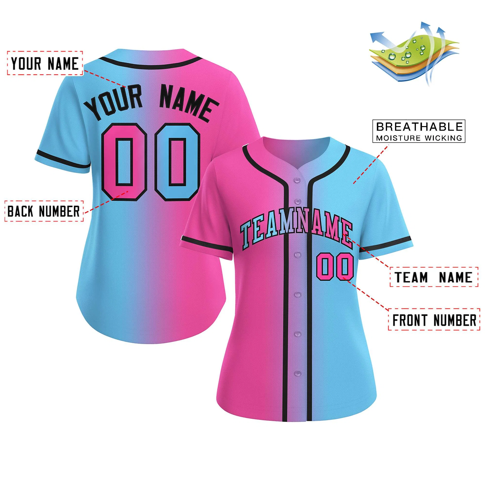 Custom Pink Light Blue-Black Gradient Fashion Baseball Jersey For Women - Image 2