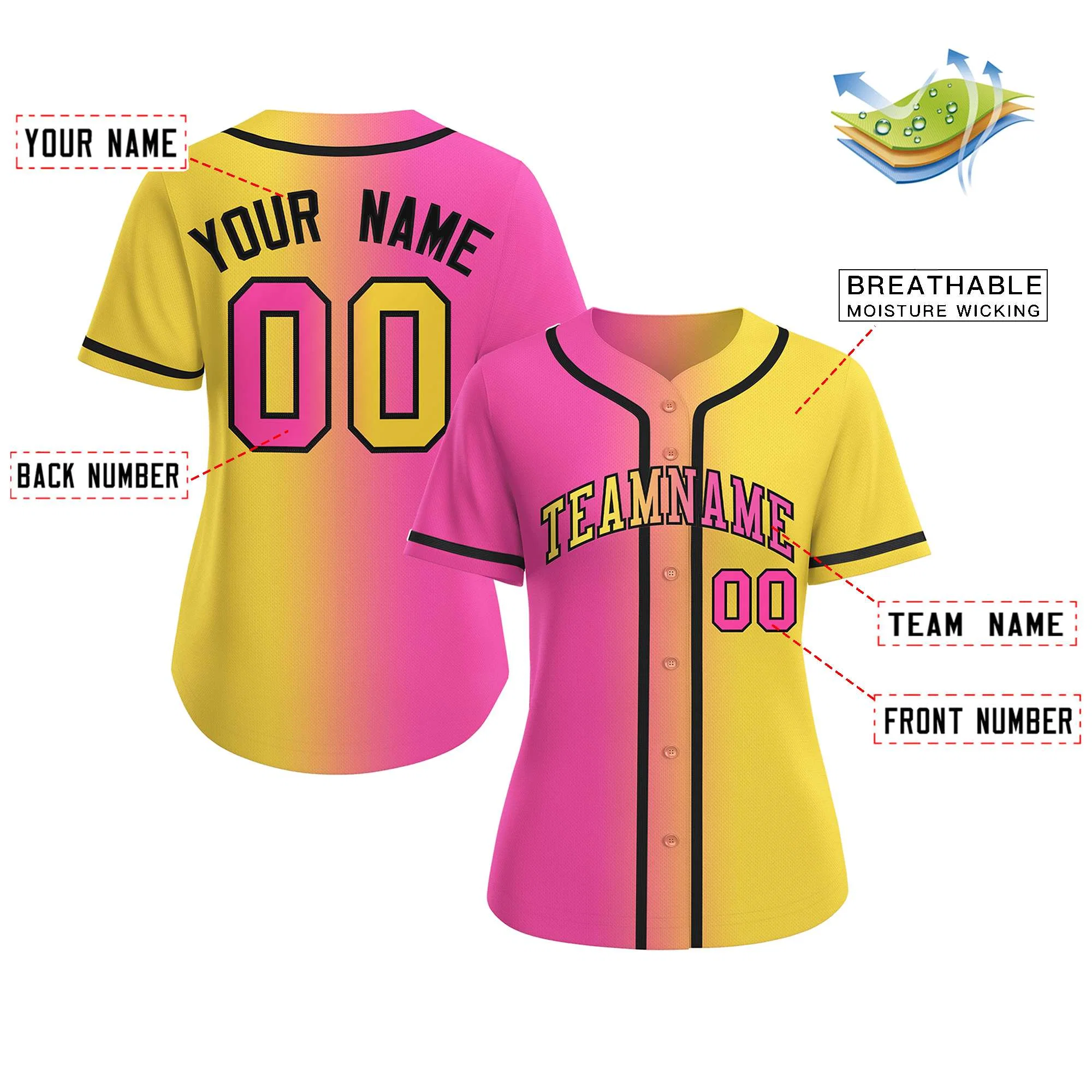 Custom Pink Gold-Black Gradient Fashion Baseball Jersey For Women - Image 2