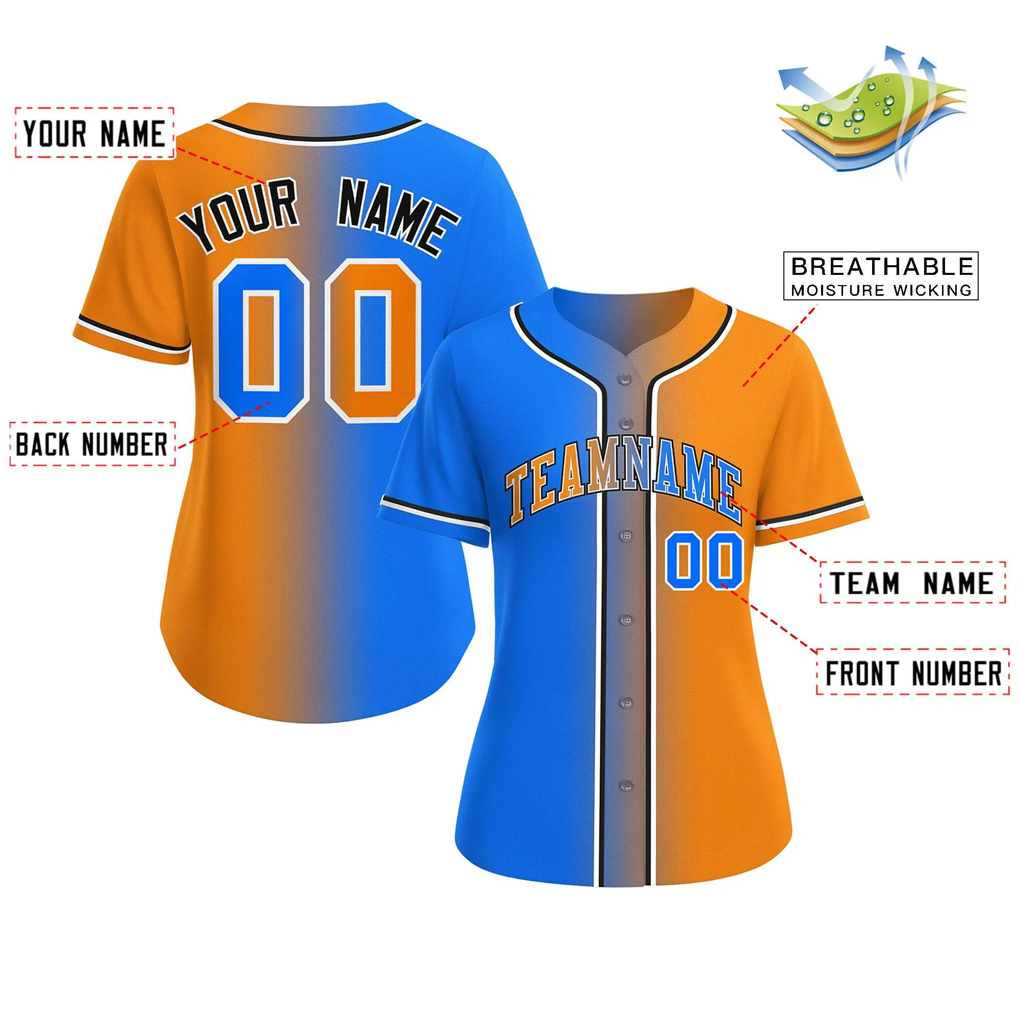 Custom Light Blue Orange-White Gradient Fashion Baseball Jersey For Women - Image 2