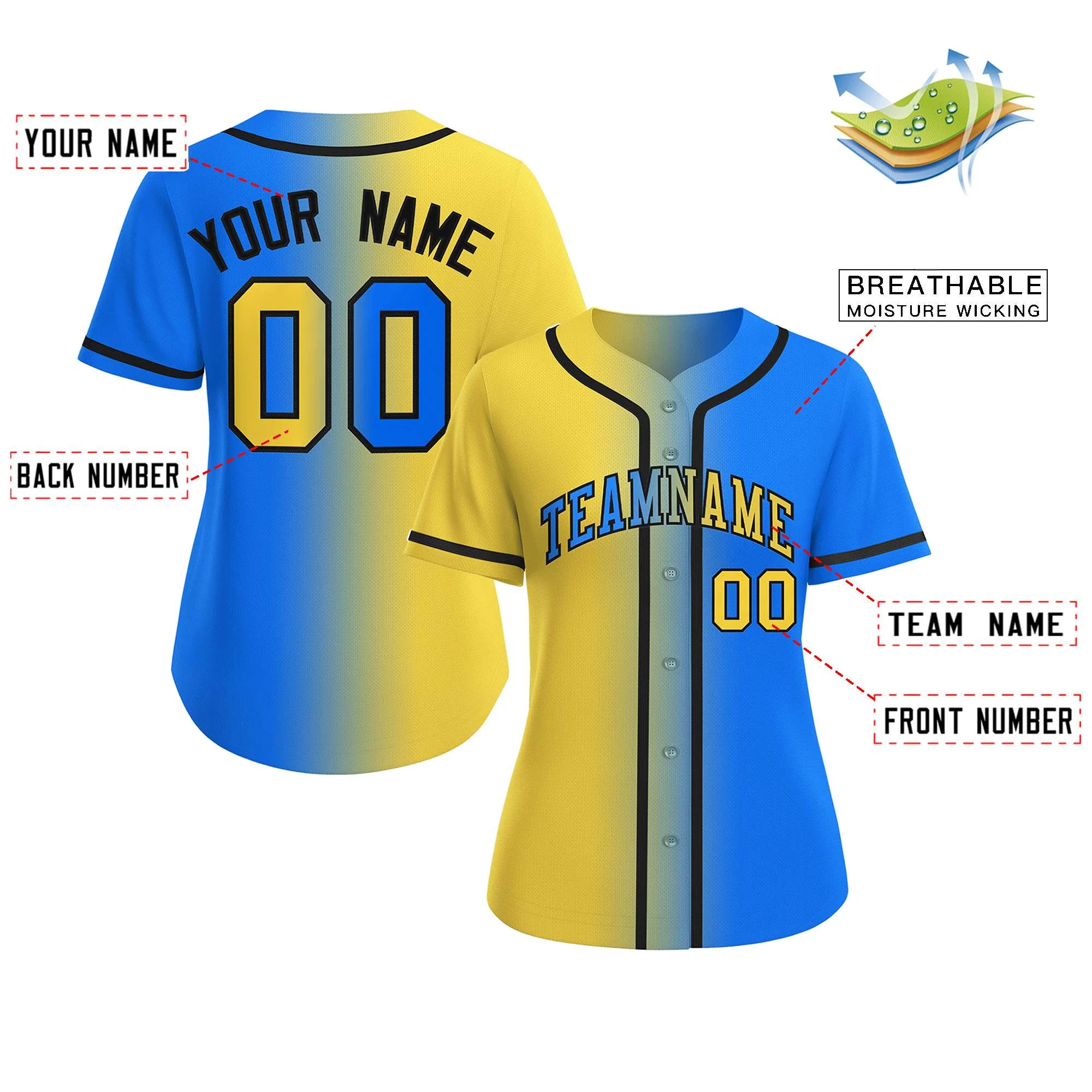 Custom Gold Light Blue-Black Gradient Fashion Baseball Jersey For Women - Image 2