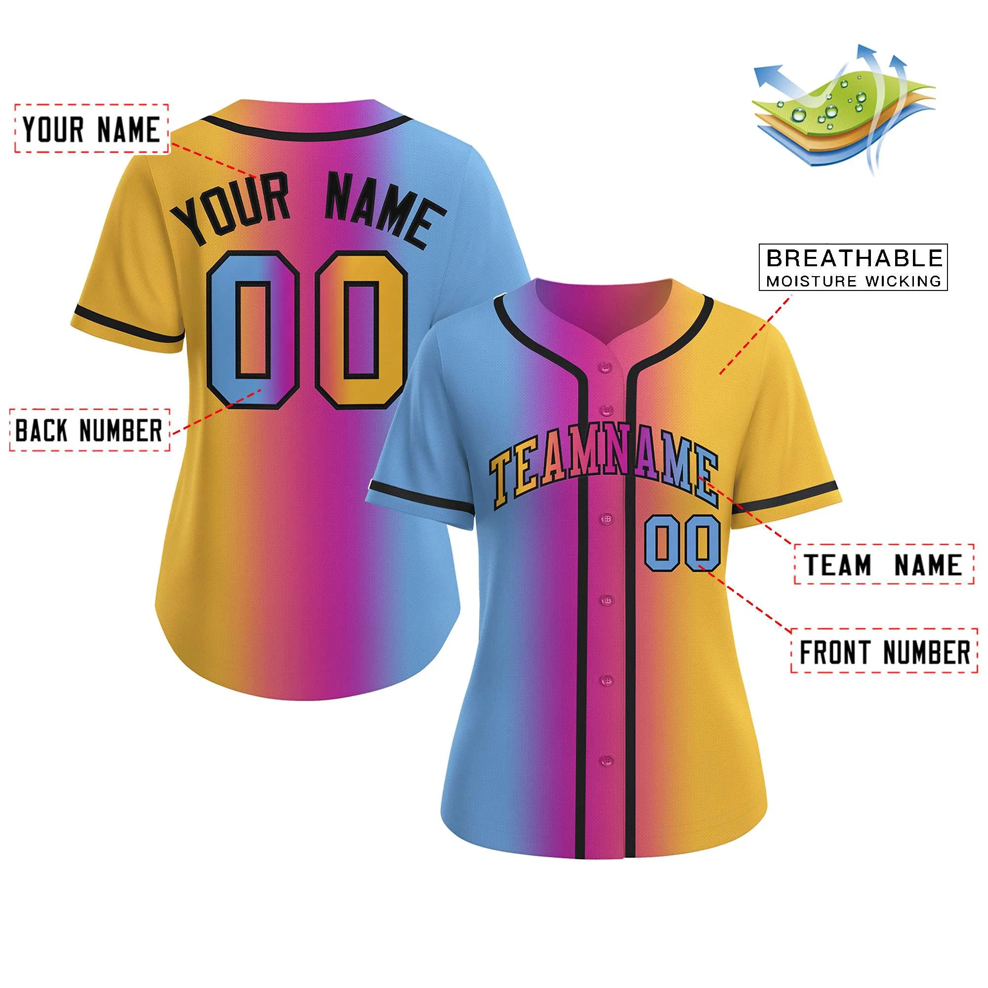 Custom Light Blue Gold-Black Gradient Fashion Baseball Jersey For Women - Image 2