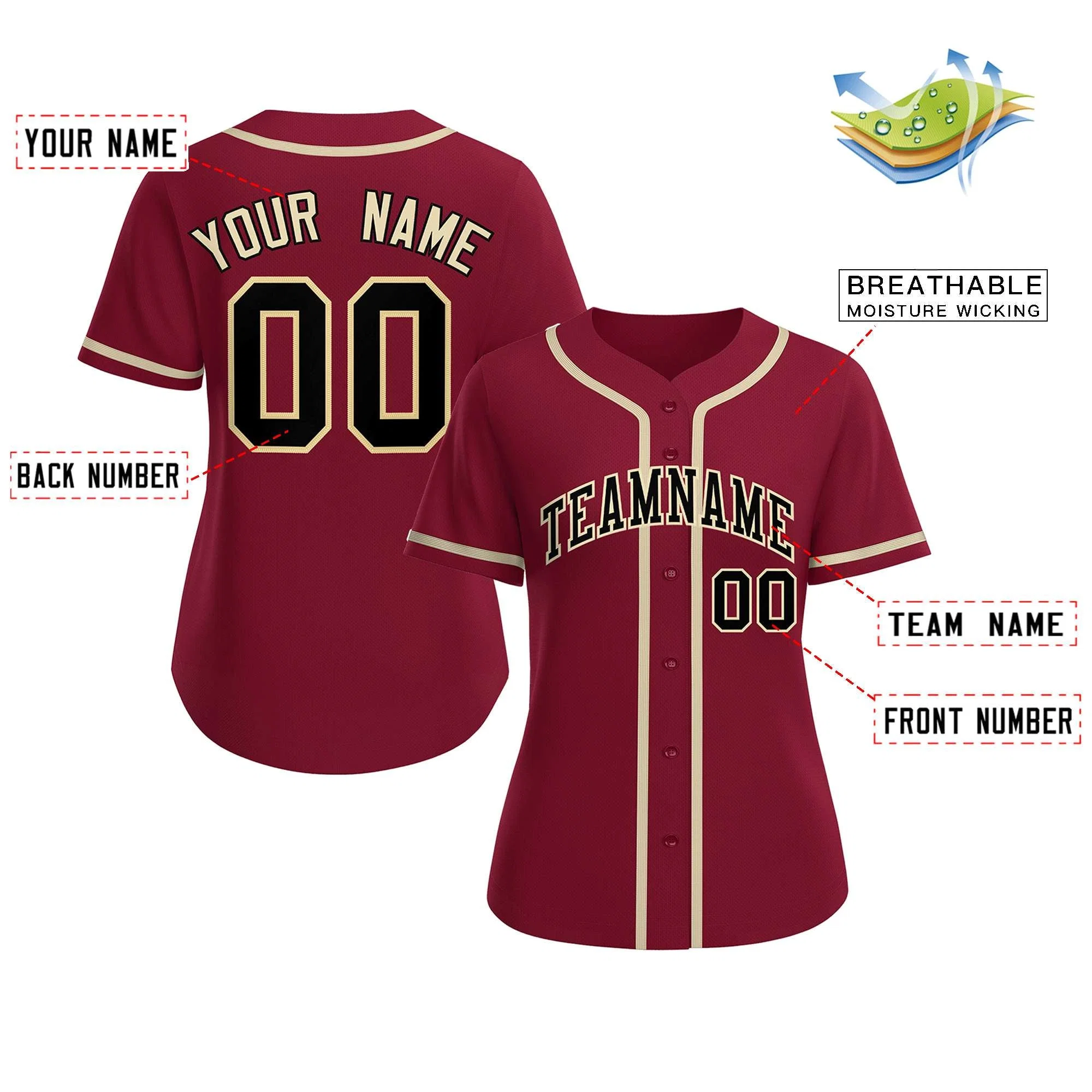 Custom Crimson Black-Khaki Classic Style Baseball Jersey For Women - Image 2