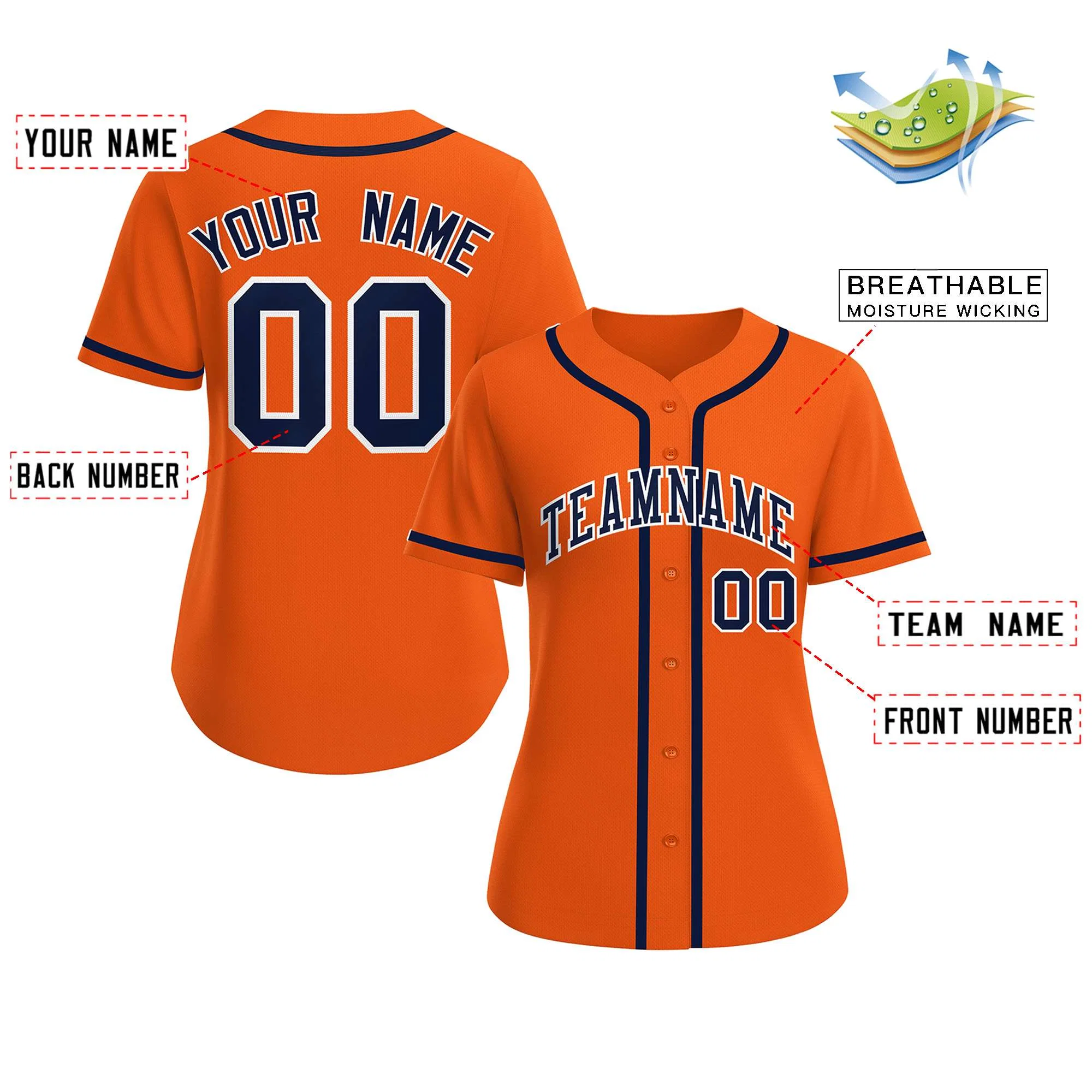 Custom Orange Navy-White Classic Style Baseball Jersey For Women - Image 2