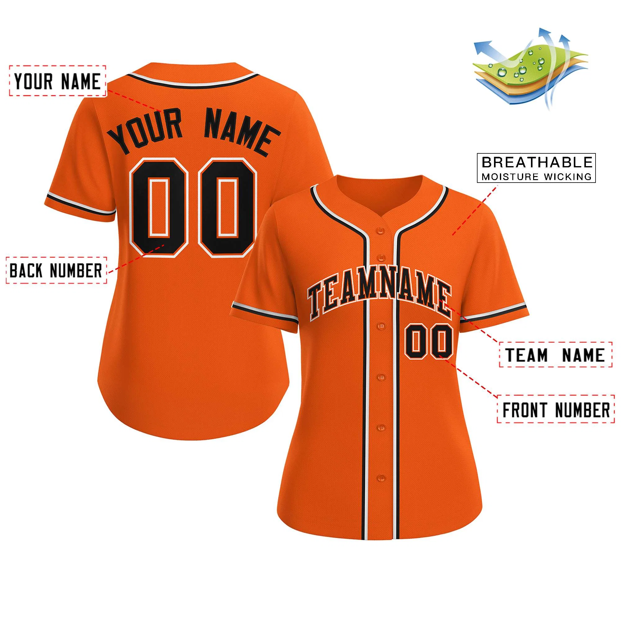 Custom Orange Black-Orange Classic Style Baseball Jersey For Women - Image 2