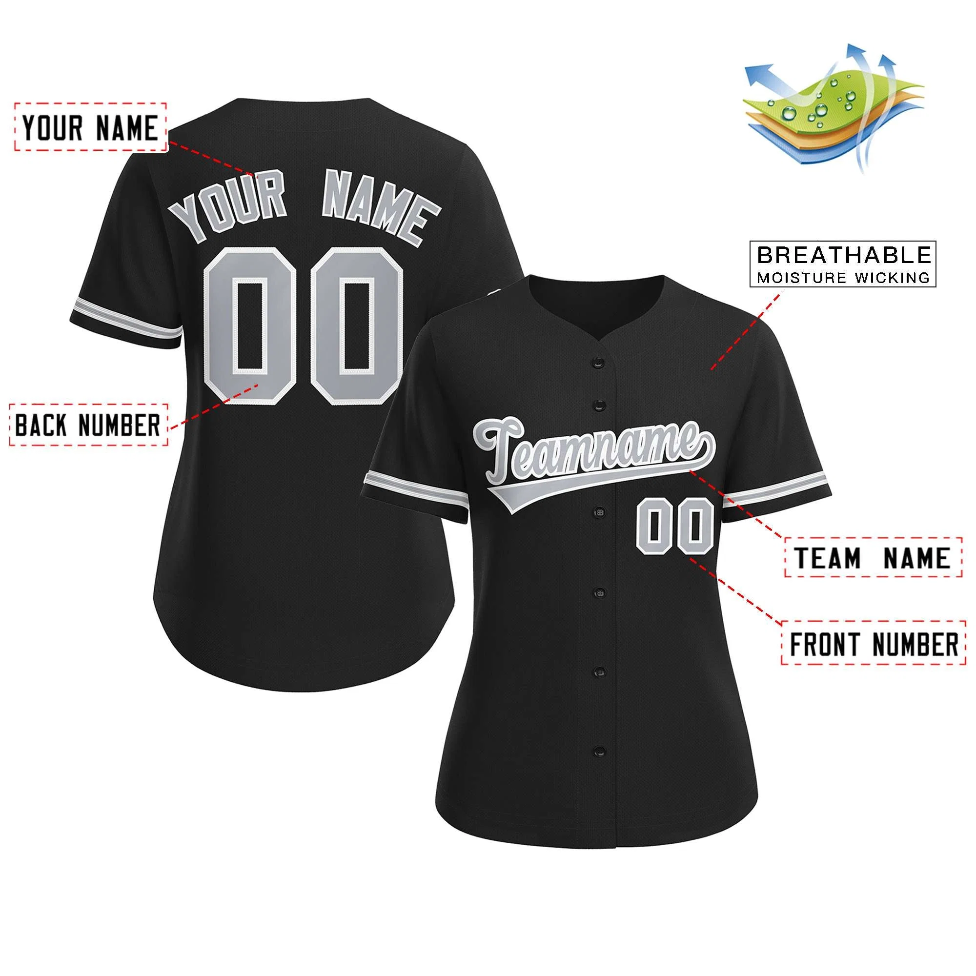 Custom Black Gray-White Classic Style Baseball Jersey For Women - Image 2