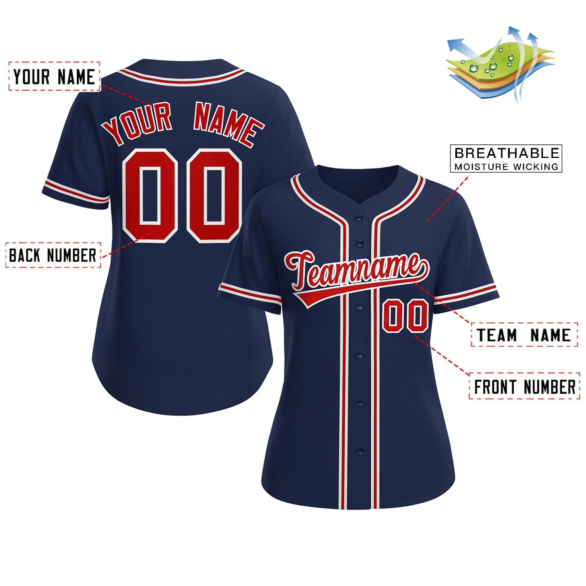 Custom Navy Red-White Classic Style Baseball Jersey For Women - Image 2