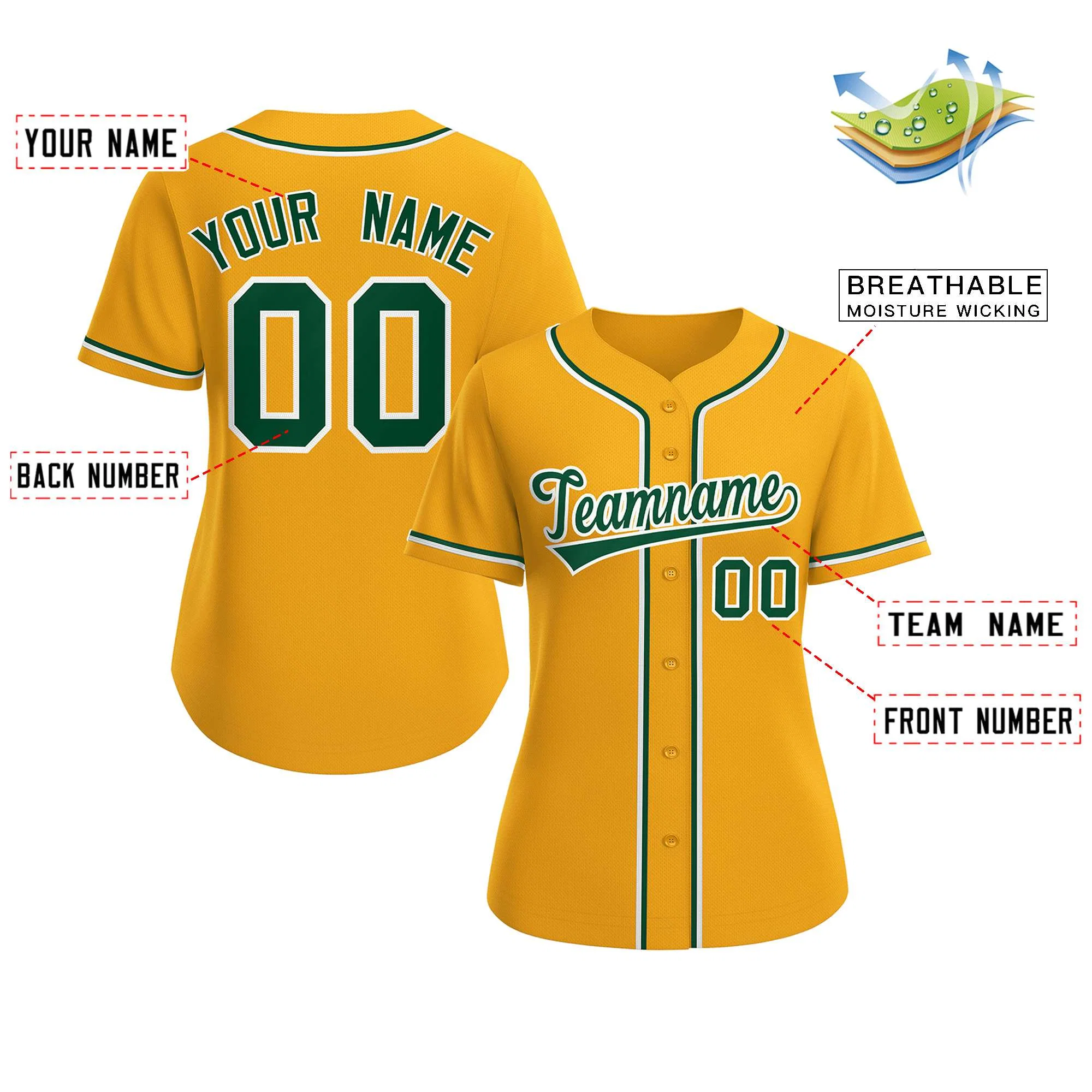 Custom Gold Green-White Classic Style Baseball Jersey For Women - Image 2