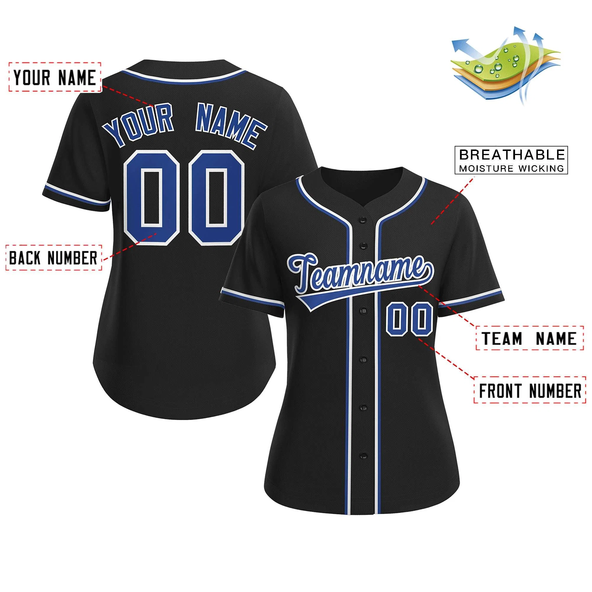 Custom Black Royal-White Classic Style Baseball Jersey For Women - Image 2