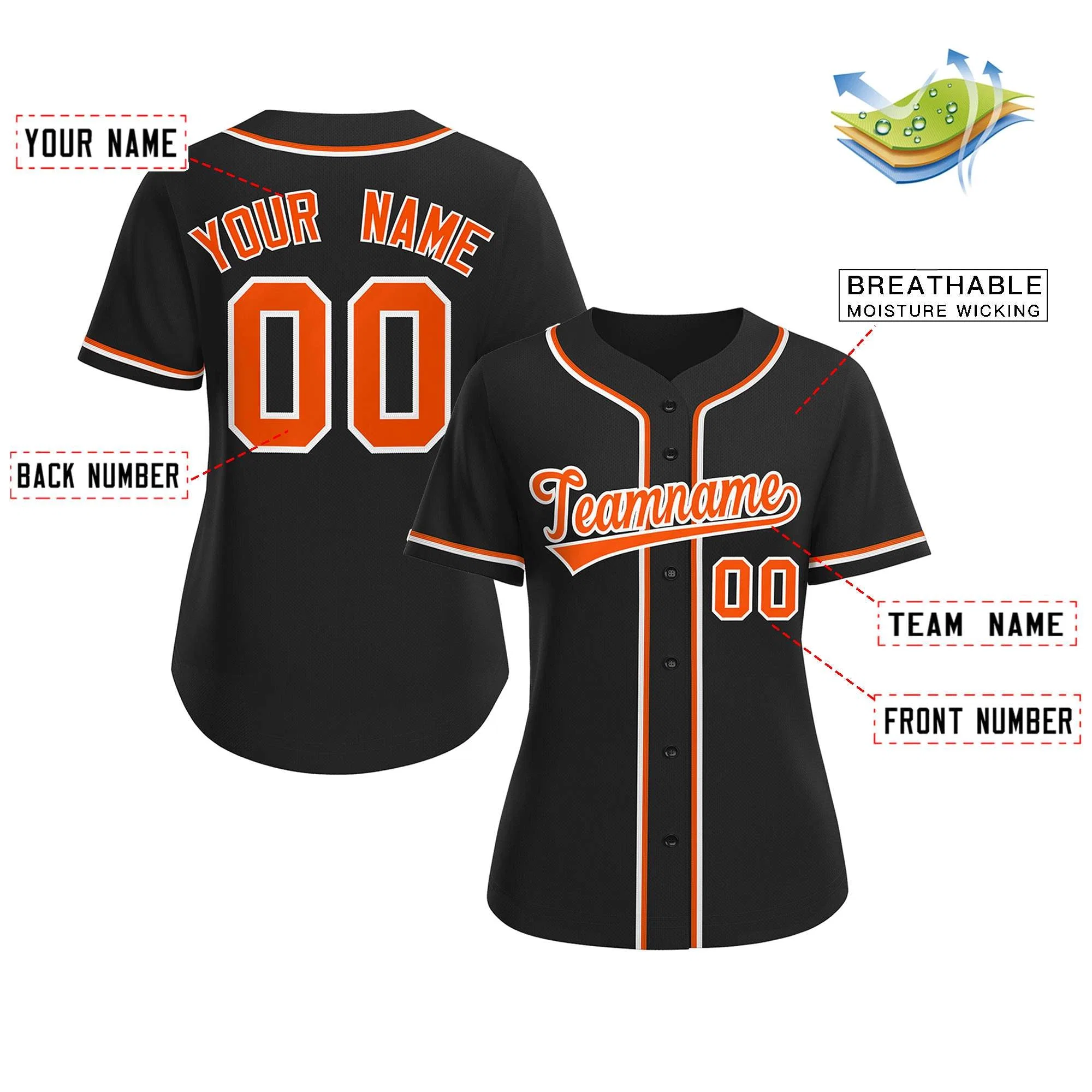 Custom Black Orange-White Classic Style Baseball Jersey For Women - Image 2