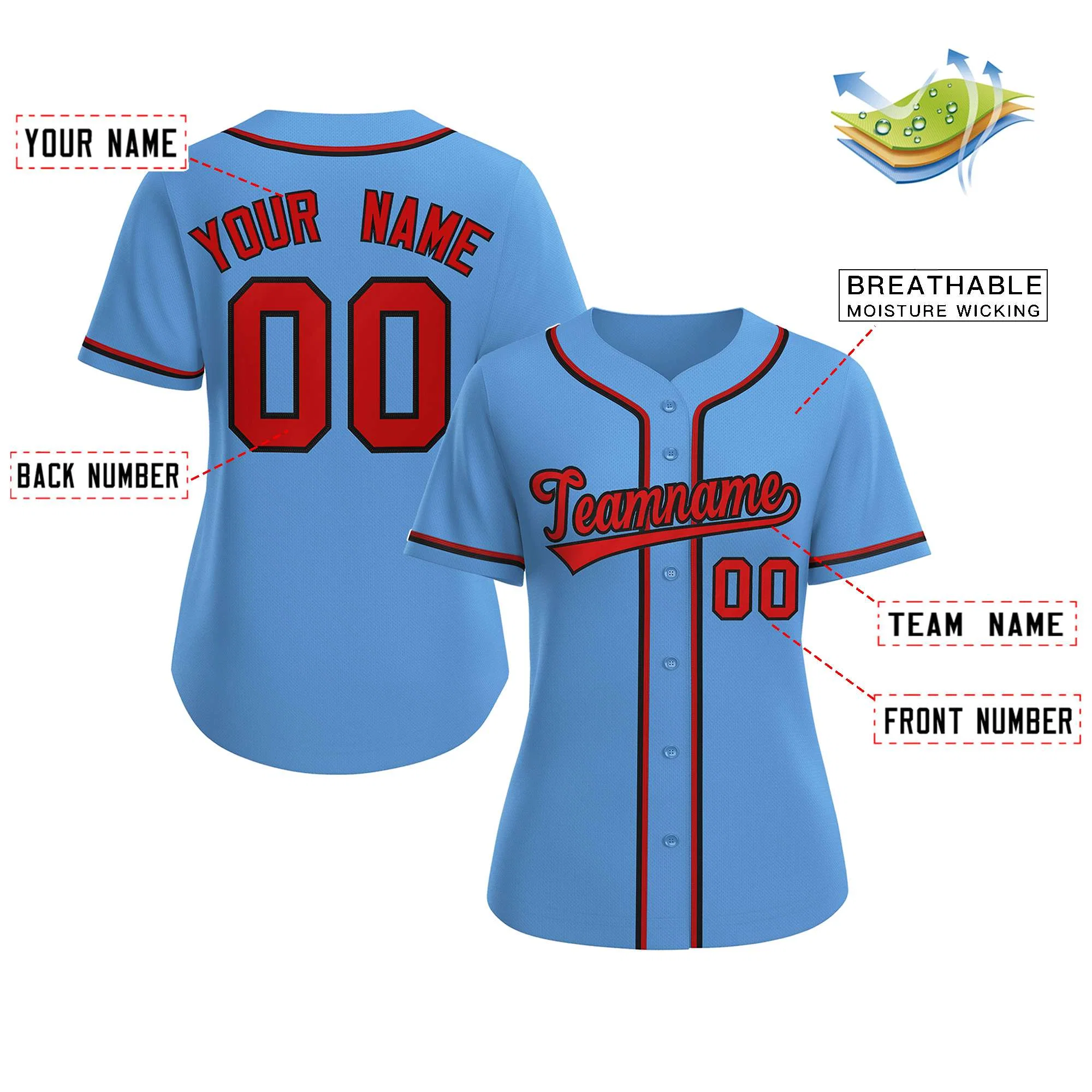 Custom Light Blue Red-Black Classic Style Baseball Jersey For Women - Image 2