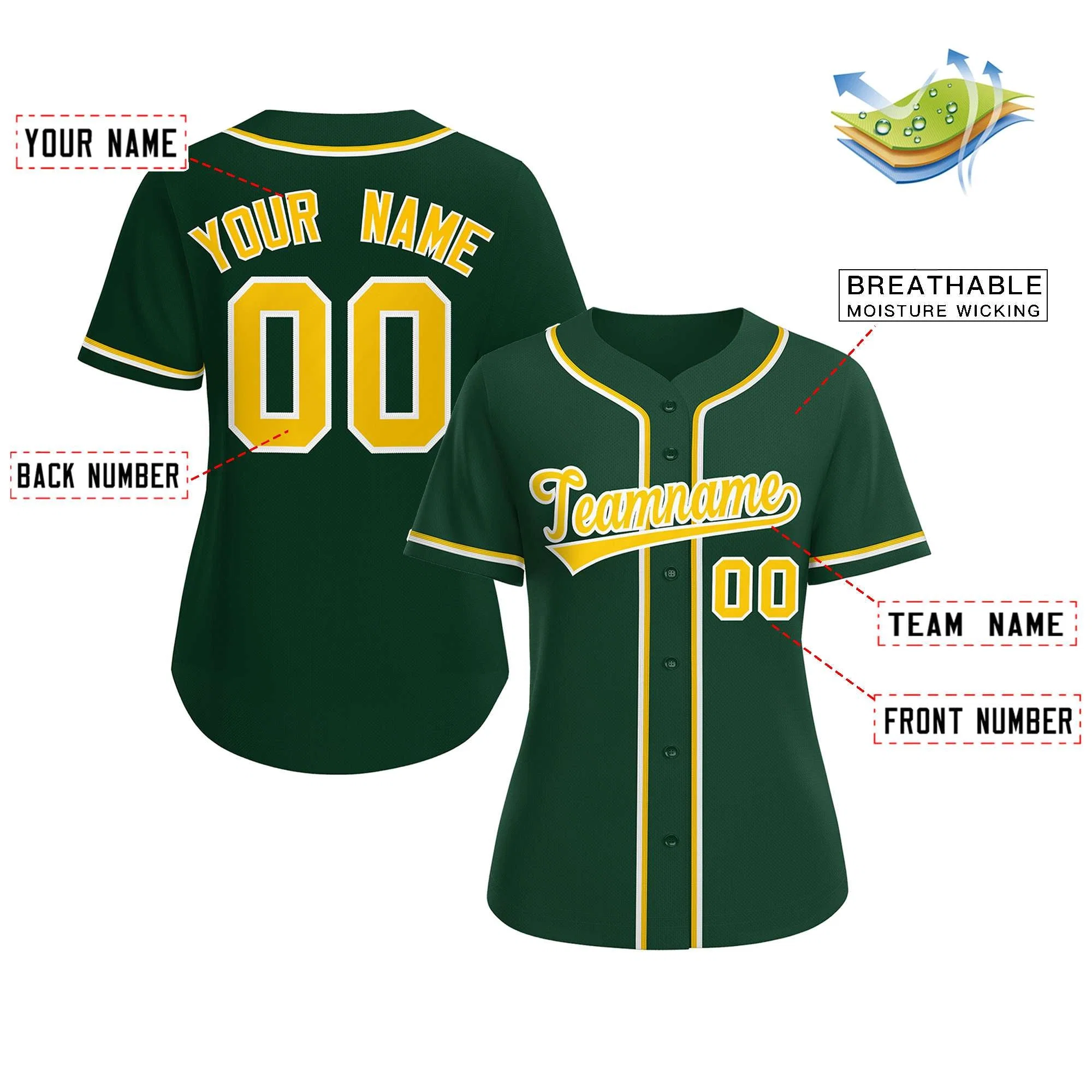 Custom Green Gold-White Classic Style Baseball Jersey For Women - Image 2