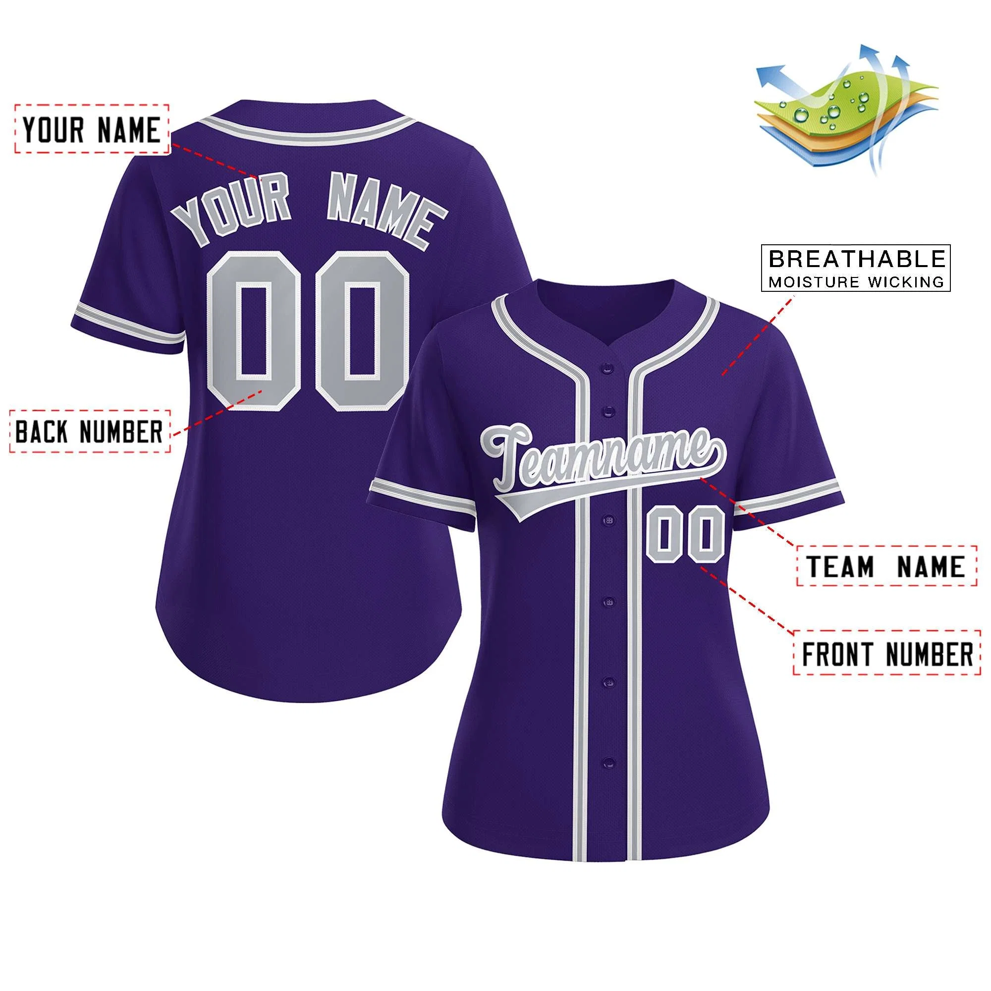 Custom Purple Gray-White Classic Style Baseball Jersey For Women - Image 2