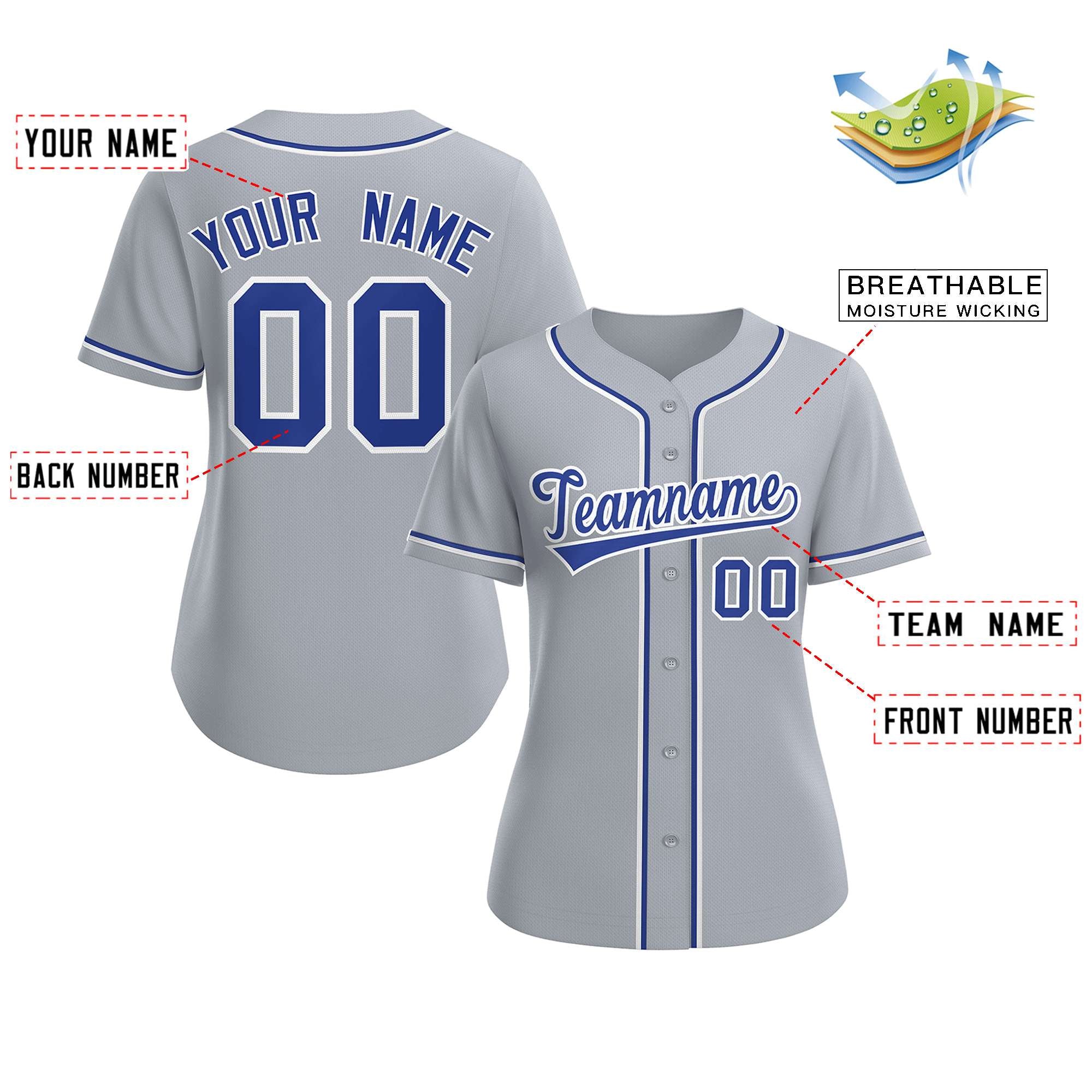 Custom Gray Royal-White Classic Style Baseball Jersey For Women - Image 2