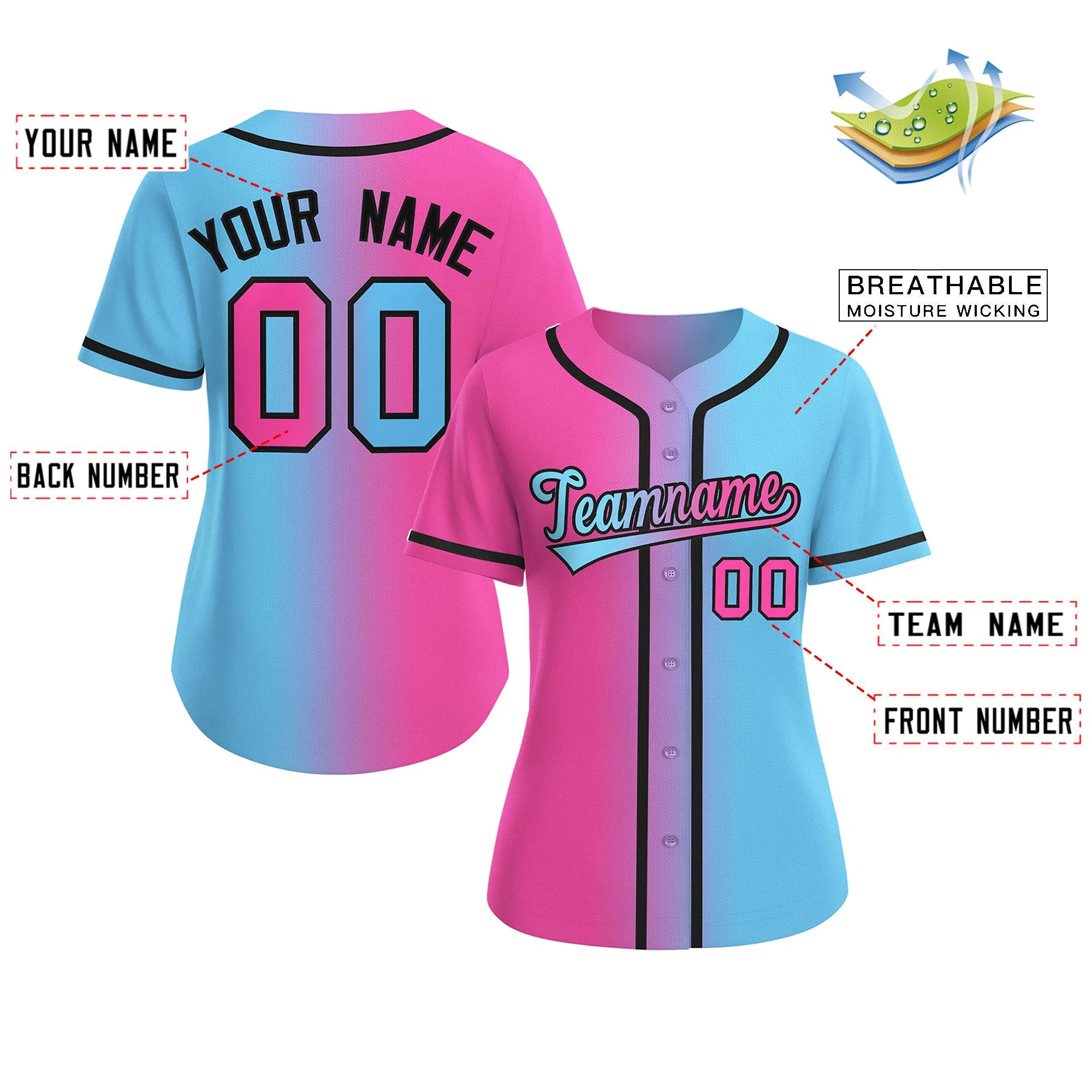 Custom Pink Light Blue-Black Gradient Fashion Baseball Jersey For Women - Image 2