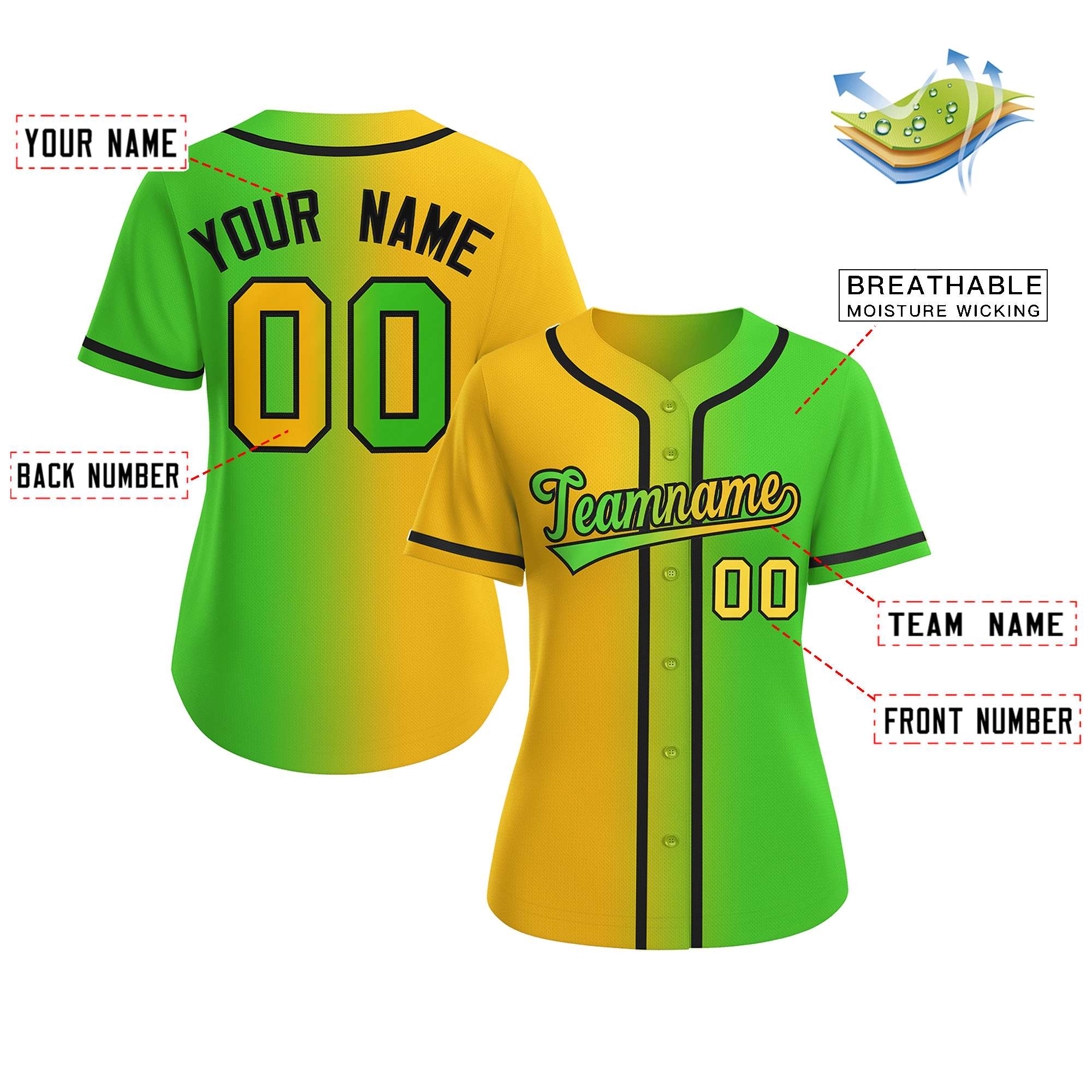 Custom Gold Neon Green-Black Gradient Fashion Baseball Jersey For Women - Image 2