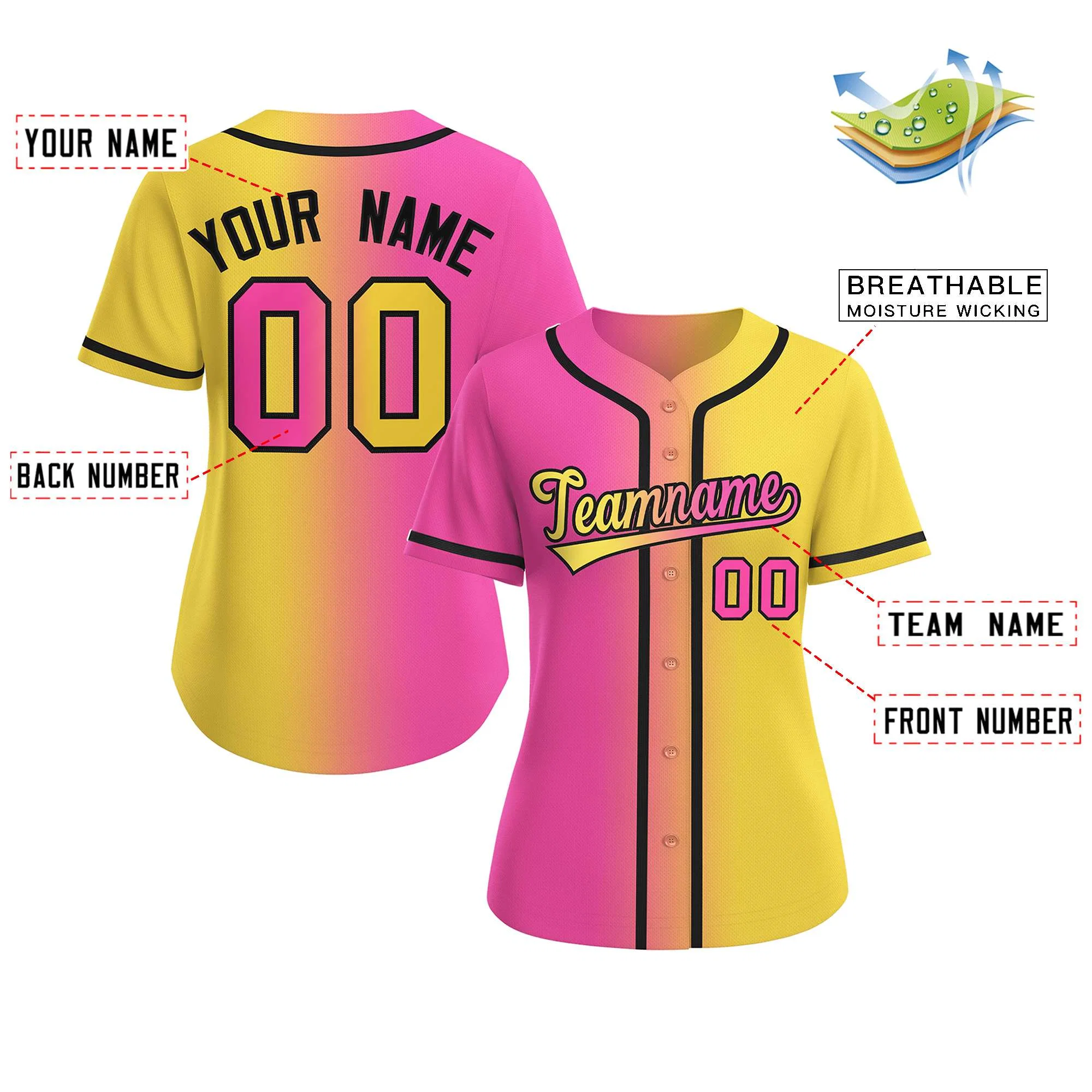 Custom Pink Gold-Black Gradient Fashion Baseball Jersey For Women - Image 2