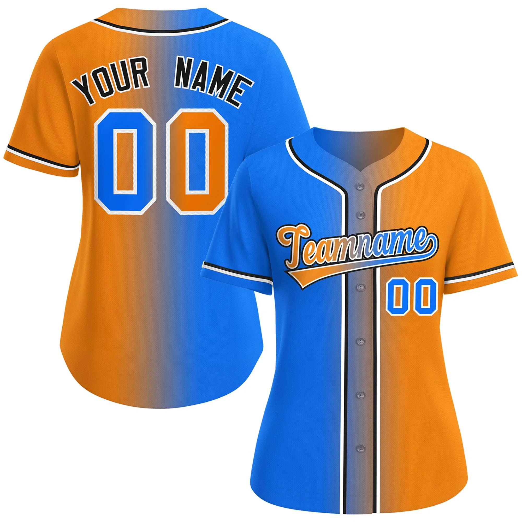 Custom Light Blue Orange-White Gradient Fashion Baseball Jersey For Women