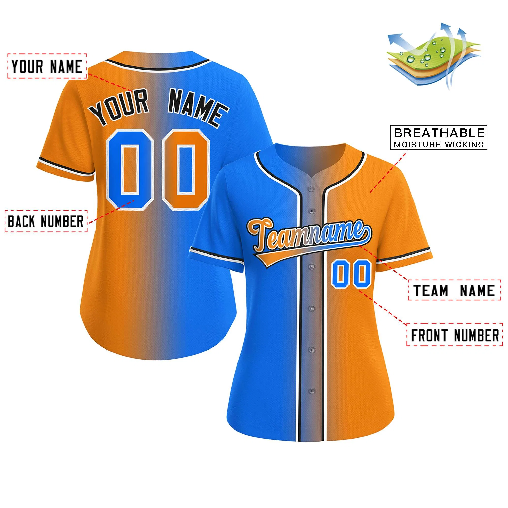 Custom Light Blue Orange-White Gradient Fashion Baseball Jersey For Women - Image 2