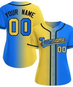 Custom Gold Light Blue-Black Gradient Fashion Baseball Jersey For Women