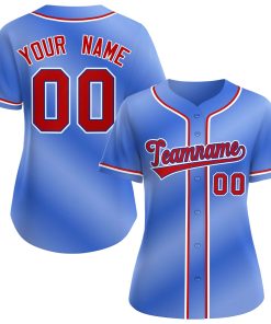 Custom Light Blue Red-Royal Gradient Fashion Baseball Jersey For Women