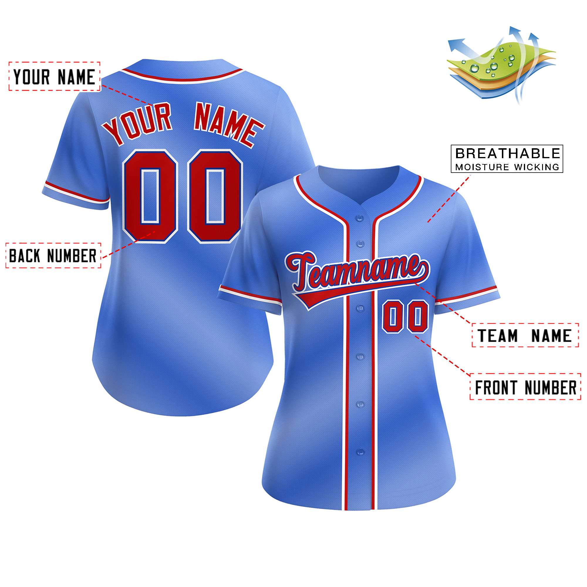 Custom Light Blue Red-Royal Gradient Fashion Baseball Jersey For Women - Image 2