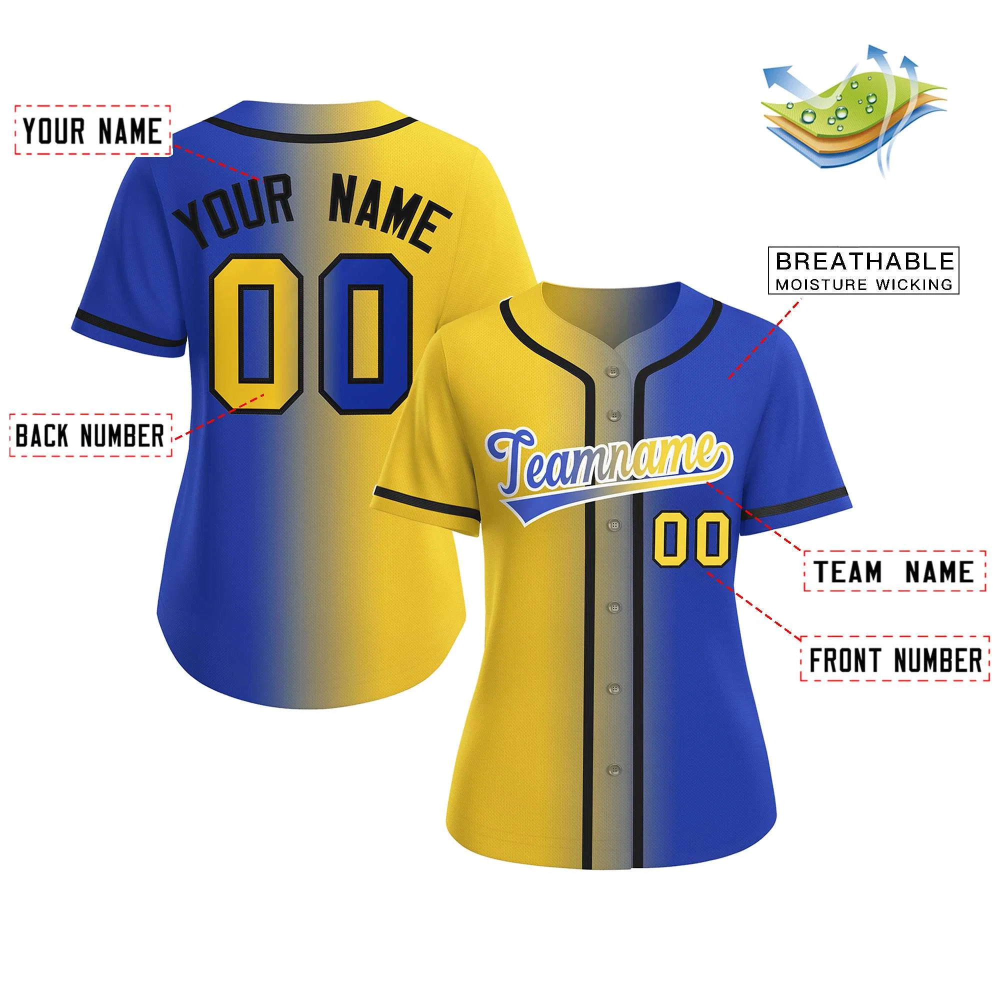 Custom Gold Royal-White Gradient Fashion Baseball Jersey For Women - Image 2